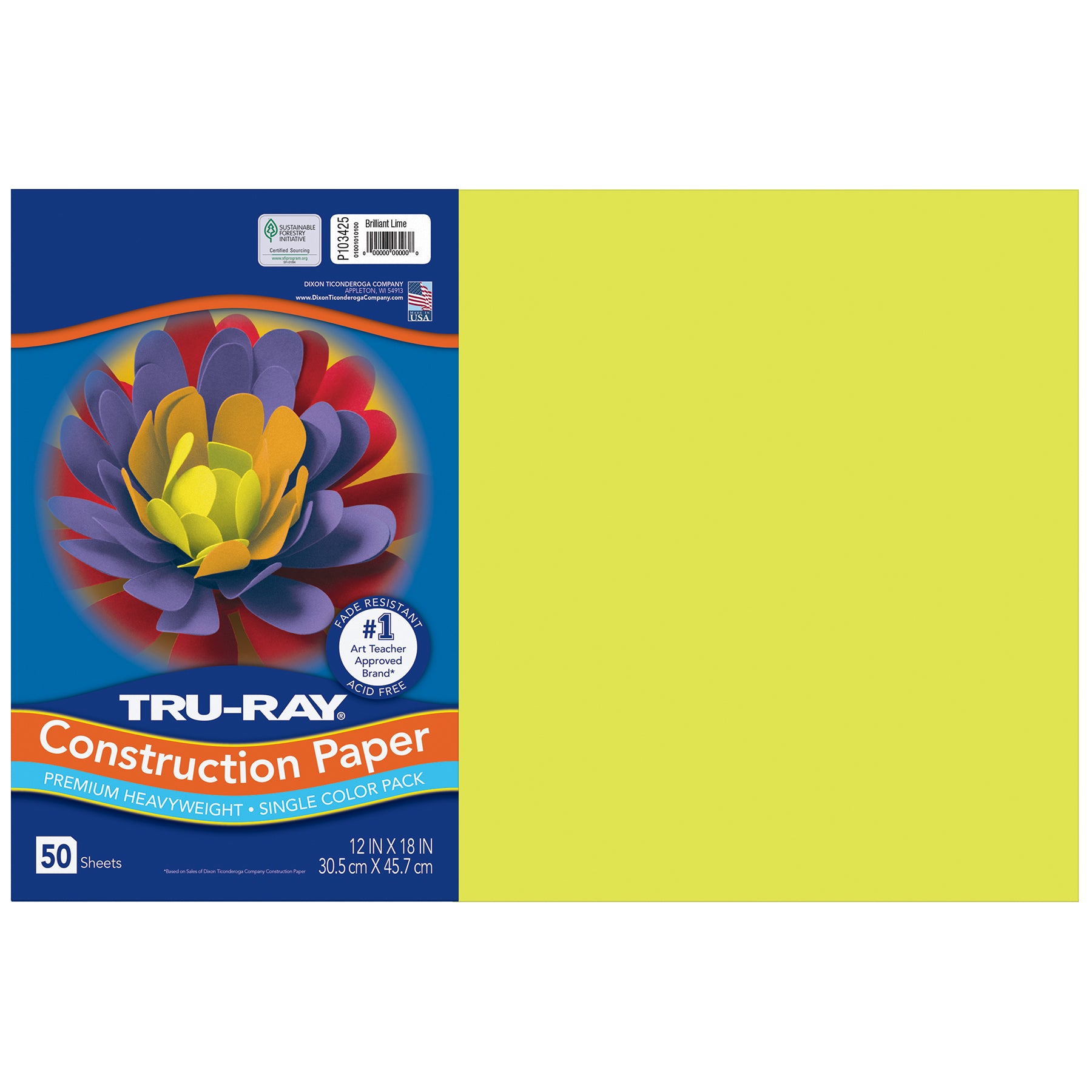 Construction Paper, Heavyweight, Brilliant Lime, 12" x 18", 50 Sheets