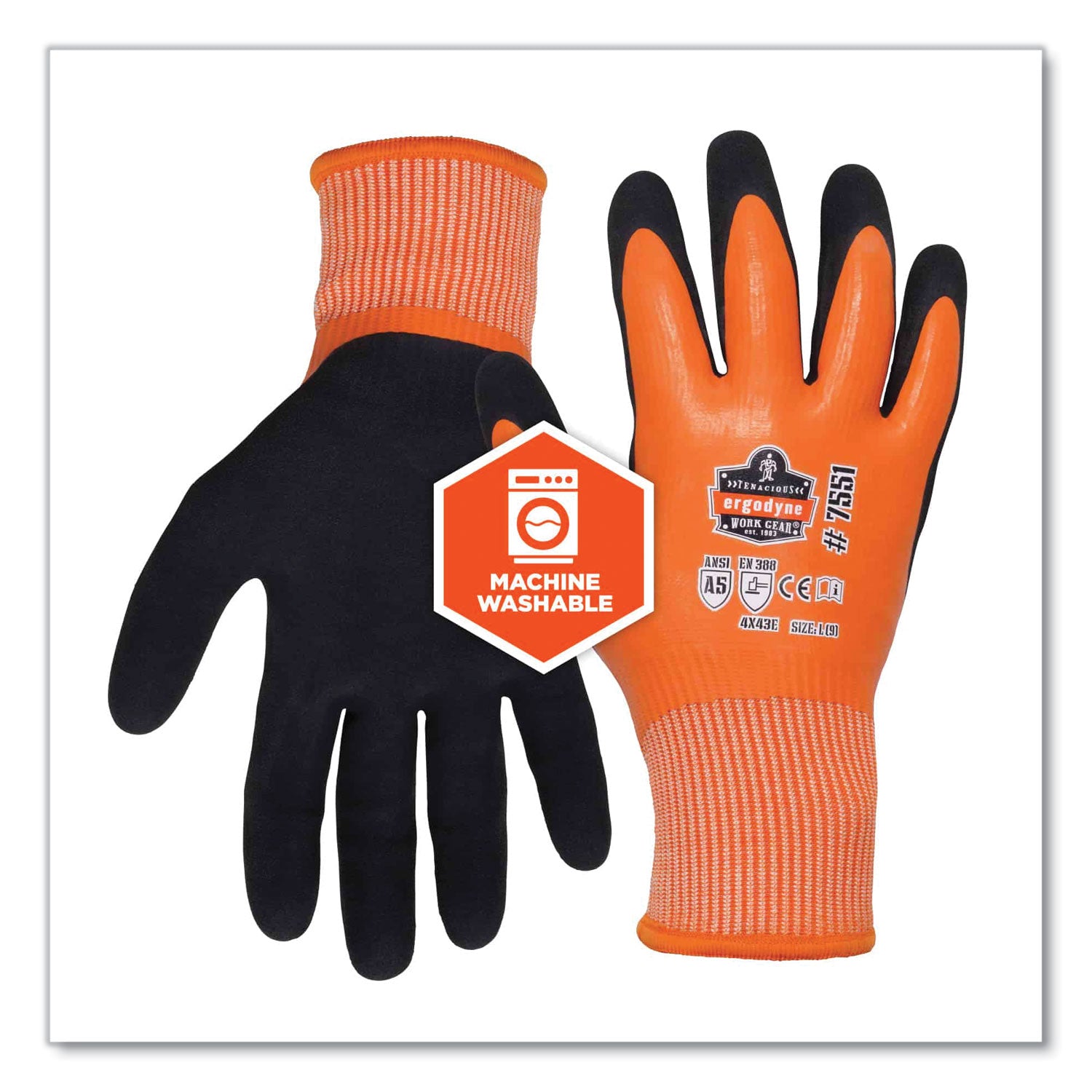 Ergodyne ProFlex 7551 A5 Coated Waterproof Gloves, XXL, Orange, Nitrile & Latex Coating, 2/Pair, 12 Pairs per Carton