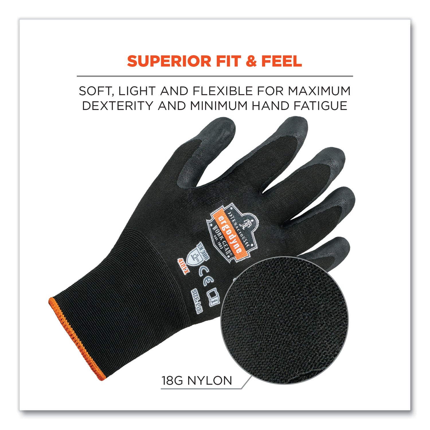 Ergodyne ProFlex 7001 Abrasion-Resistant Nitrile-Coated Gloves, Medium, Black, Touchscreen Capable, Seamless Knit Wrist, 2 Pairs per Pack, 144 Packs per Carton