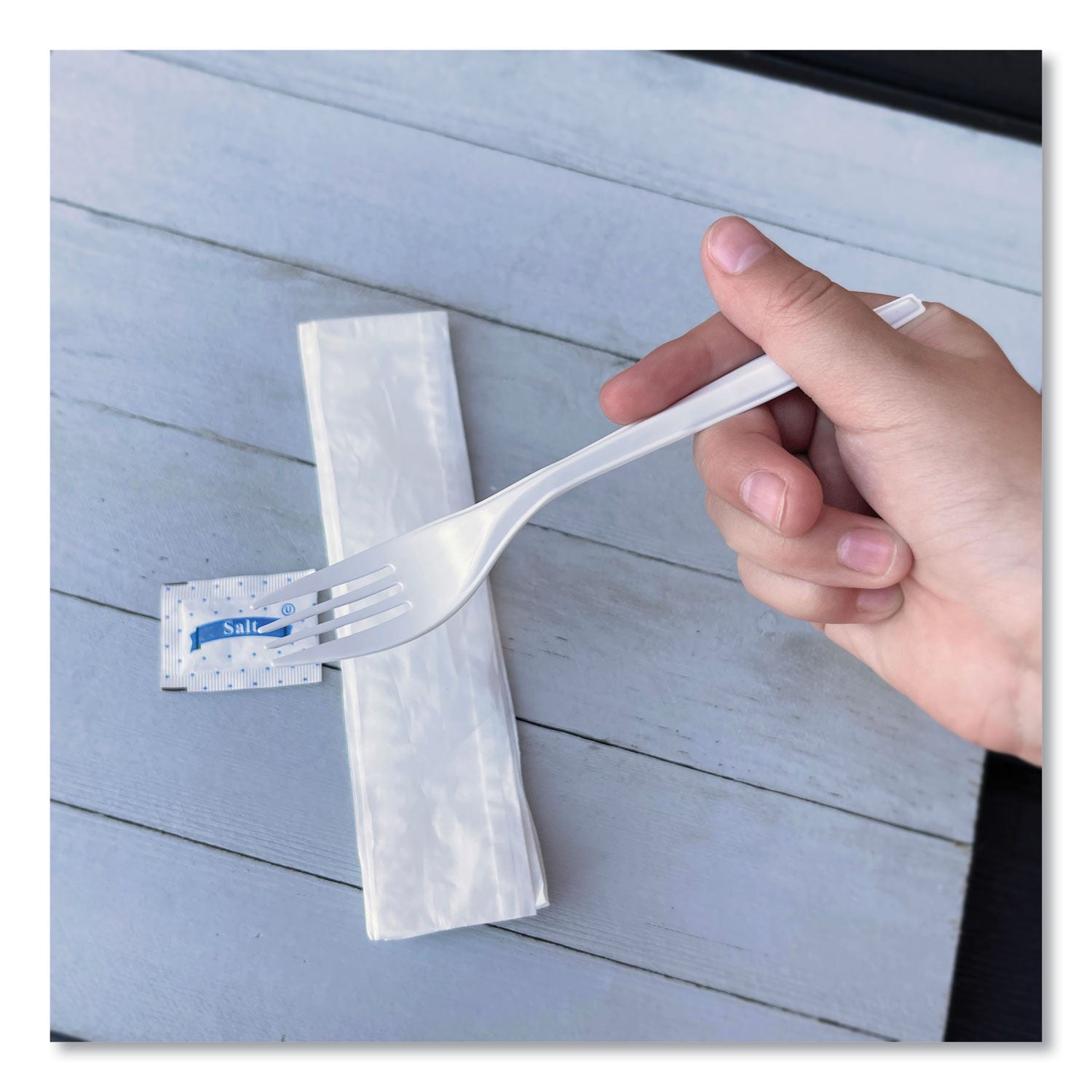 Three-Piece Utensil Set, Fork/Napkin/Salt, Plastic, White, 500/Carton