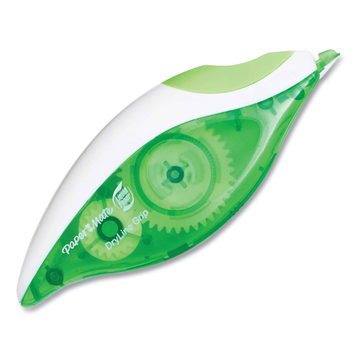 Paper Mate DryLine Grip Correction Tape, 0.20" x 27.80 ft, Green/White/Transparent Dispenser, Smooth, Mess-free, Swivel Tip, Ergonomic, Tear Resistant, White, 1 Pack