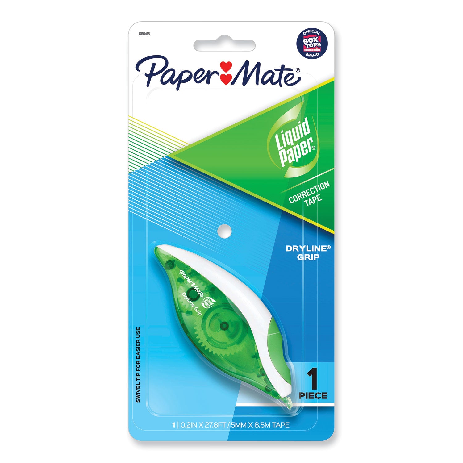 Paper Mate DryLine Grip Correction Tape, 0.20" x 27.80 ft, Green/White/Transparent Dispenser, Smooth, Mess-free, Swivel Tip, Ergonomic, Tear Resistant, White, 1 Pack