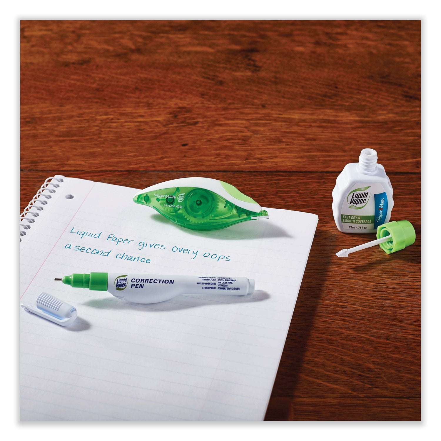 Paper Mate DryLine Grip Correction Tape, 0.20" x 27.80 ft, Green/White/Transparent Dispenser, Smooth, Mess-free, Swivel Tip, Ergonomic, Tear Resistant, 2 Pack