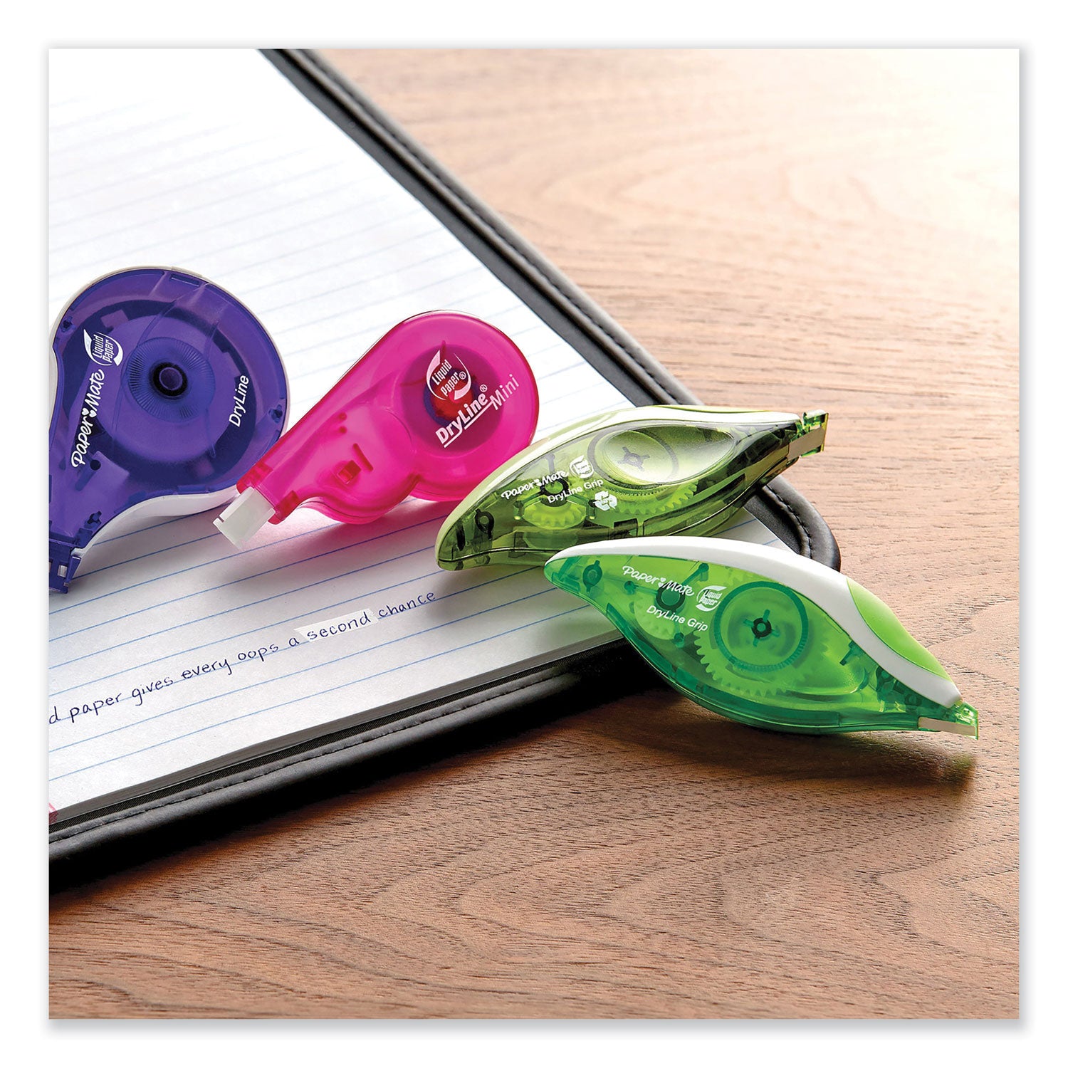 Paper Mate DryLine Grip Correction Tape, 0.20" x 27.80 ft, Green/White/Transparent Dispenser, Smooth, Mess-free, Swivel Tip, Ergonomic, Tear Resistant, 2 Pack