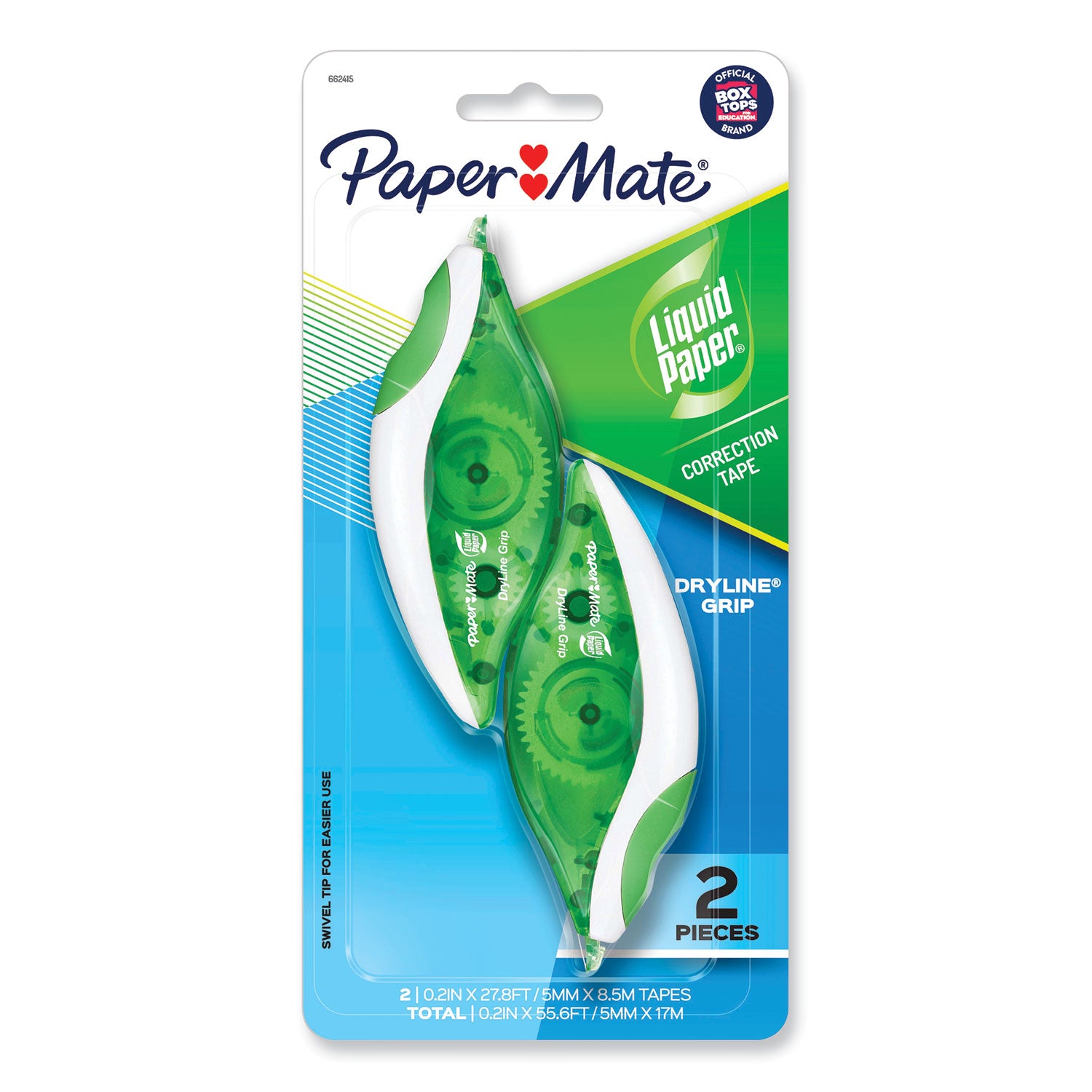 Paper Mate DryLine Grip Correction Tape, 0.20" x 27.80 ft, Green/White/Transparent Dispenser, Smooth, Mess-free, Swivel Tip, Ergonomic, Tear Resistant, 2 Pack