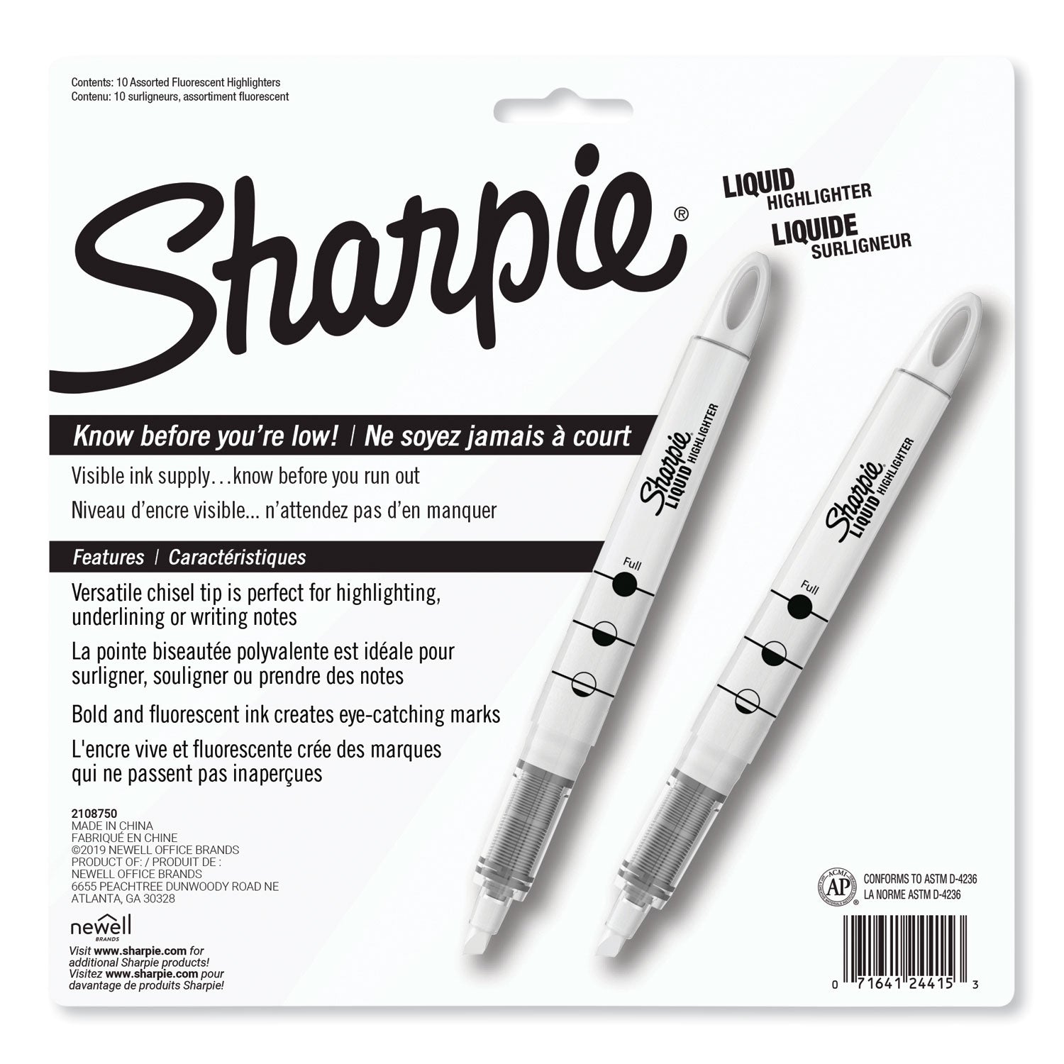 Sharpie Accent Highlighter - Liquid Pen - Micro Chisel Marker Point - Assorted Ink - Pigment-based - 10 / Set
