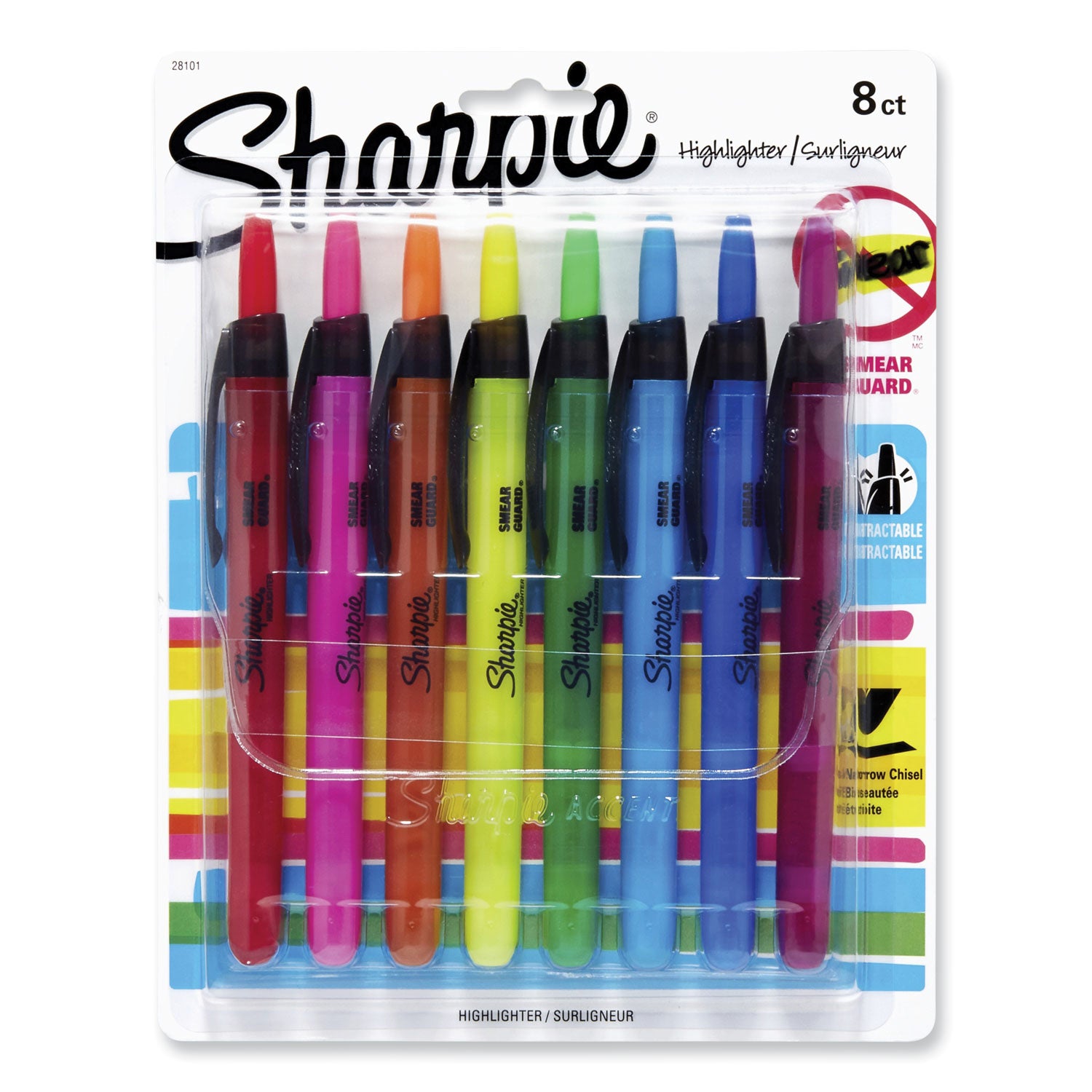 Retractable Highlighters, Chisel Tip, Assorted, 8 Count