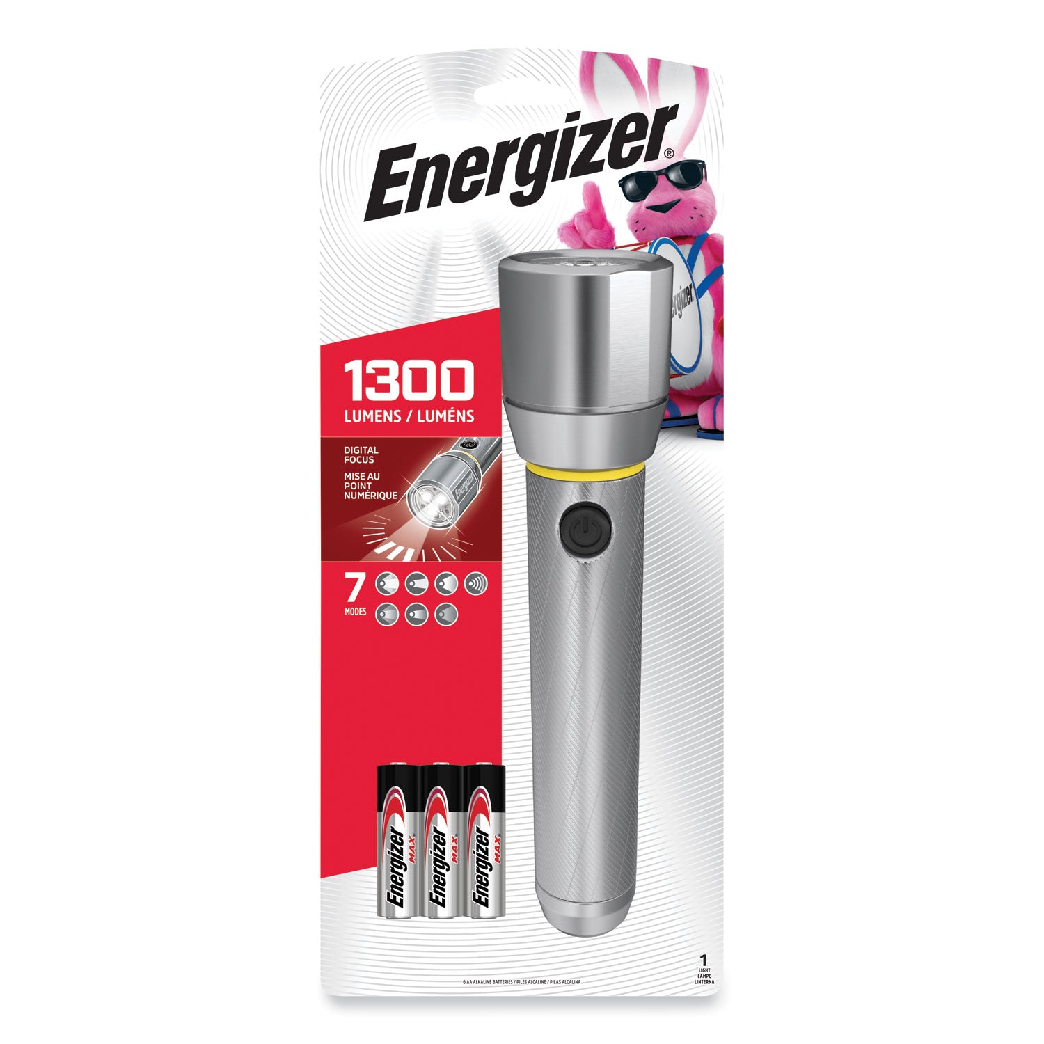 Energizer Vision HD Flashlight with Digital Focus - LED - 1300 lm Lumen - 6 x AA - Battery - Metal - Water Resistant - Chrome - 1 Pack