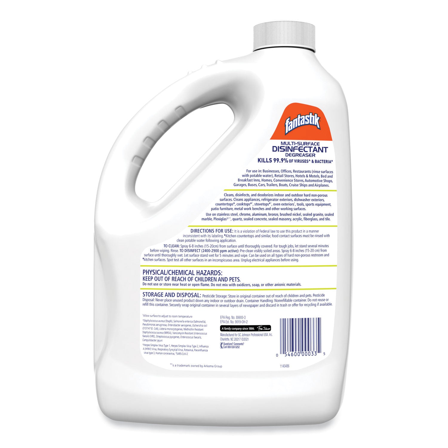 fantastik&reg; Disinfectant Degreaser - 128 fl oz (4 quart) - Fresh Scent - Disinfectant, Easy to Use, Rinse-free, Deodorize, Non-porous - White - 1 Each
