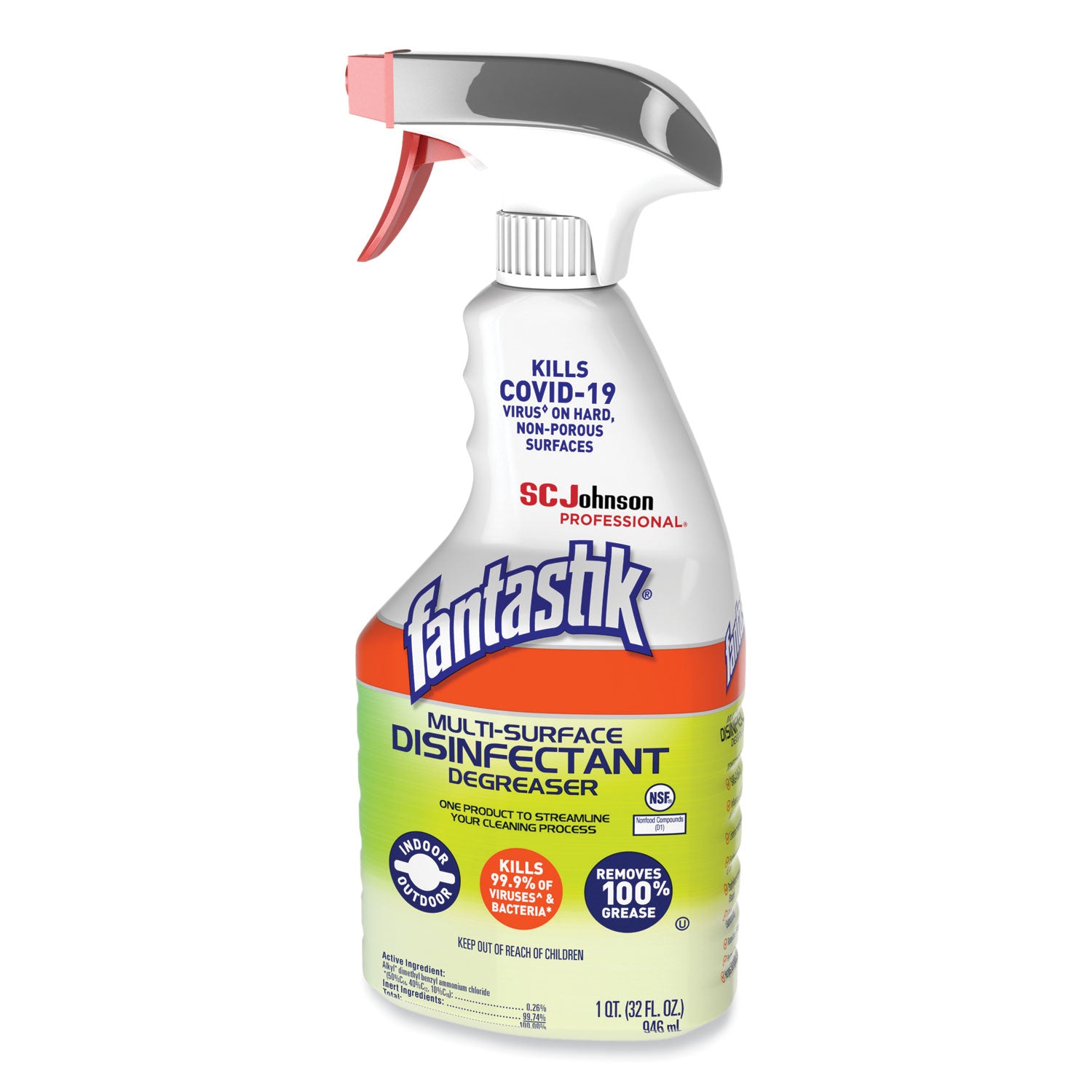 fantastik&reg; Multisurface Disinfectant Degreaser Spray - 32 fl oz (1 quart) - Fresh Scent - Disinfectant, Easy to Use, Rinse-free, Deodorize, Non-porous - Green - 1 Each