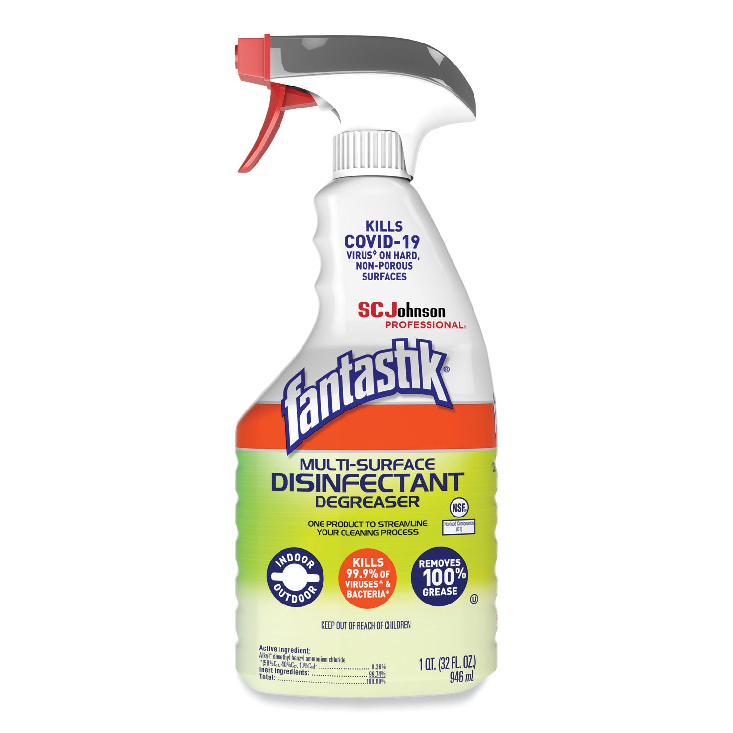 fantastik&reg; Multisurface Disinfectant Degreaser Spray - 32 fl oz (1 quart) - Fresh Scent - Disinfectant, Easy to Use, Rinse-free, Deodorize, Non-porous - Green - 1 Each
