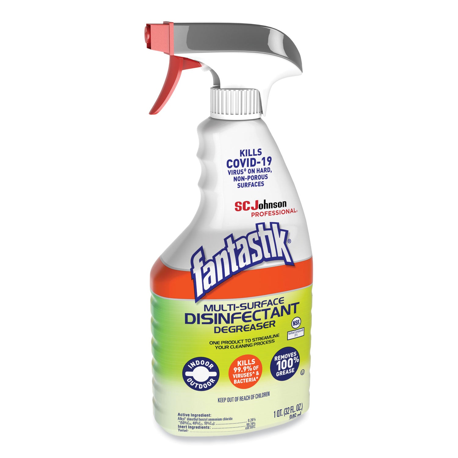 fantastik&reg; Multisurface Disinfectant Degreaser Spray - 32 fl oz (1 quart) - Fresh Scent - Disinfectant, Easy to Use, Rinse-free, Deodorize, Non-porous - Green - 1 Each