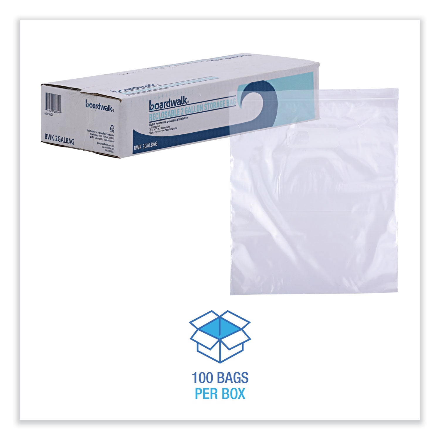 Reclosable Food Storage Bags, 2 Gallon, 13" x 15", Clear, 100/Box