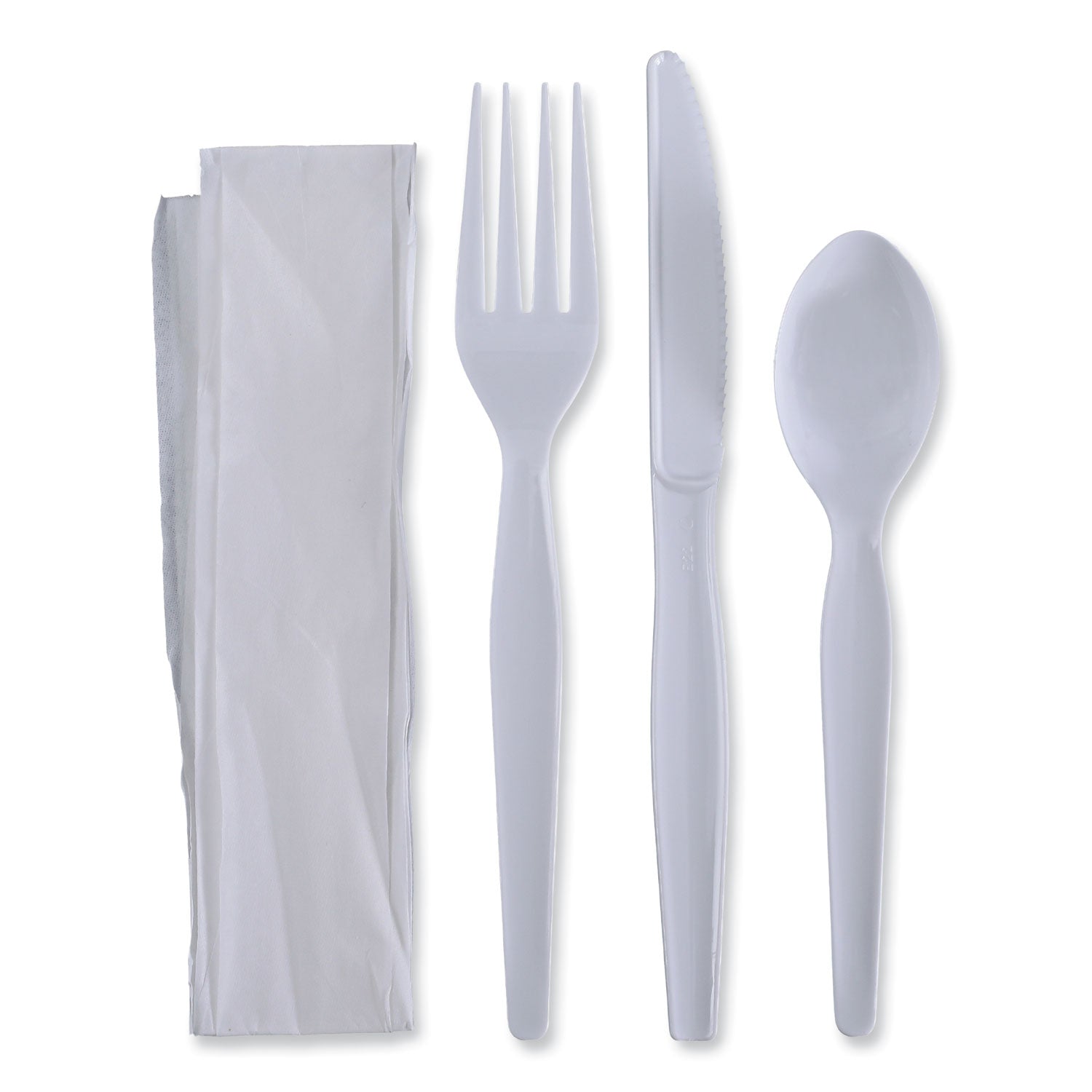 Four-Piece Cutlery Kit, Heavyweight, Fork/Knife/Napkin/Spoon, Plastic, White, 250/Carton