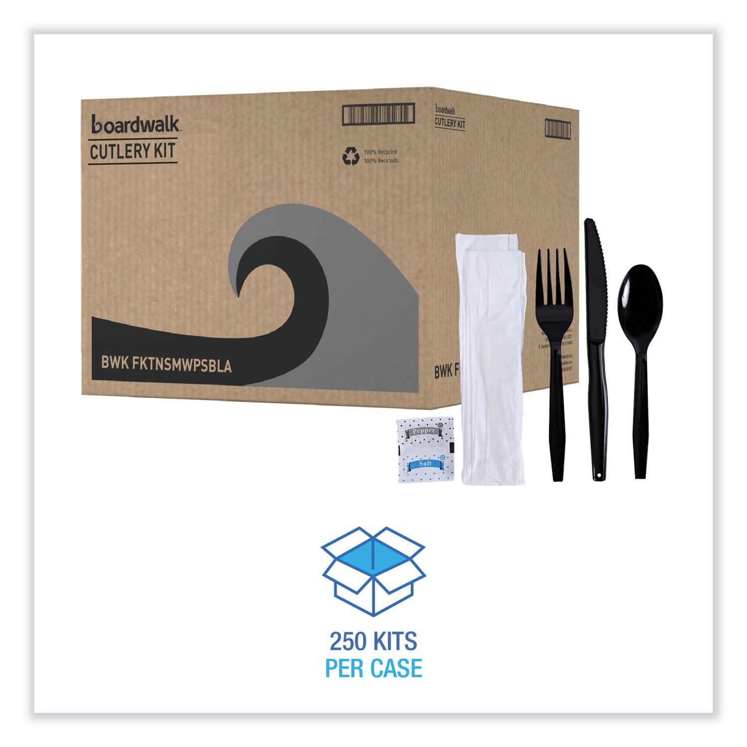 Six-Piece Cutlery Kit, Mediumweight, Fork/Knife/Napkin/Pepper/Salt/Spoon, Plastic, Black, 250/Carton
