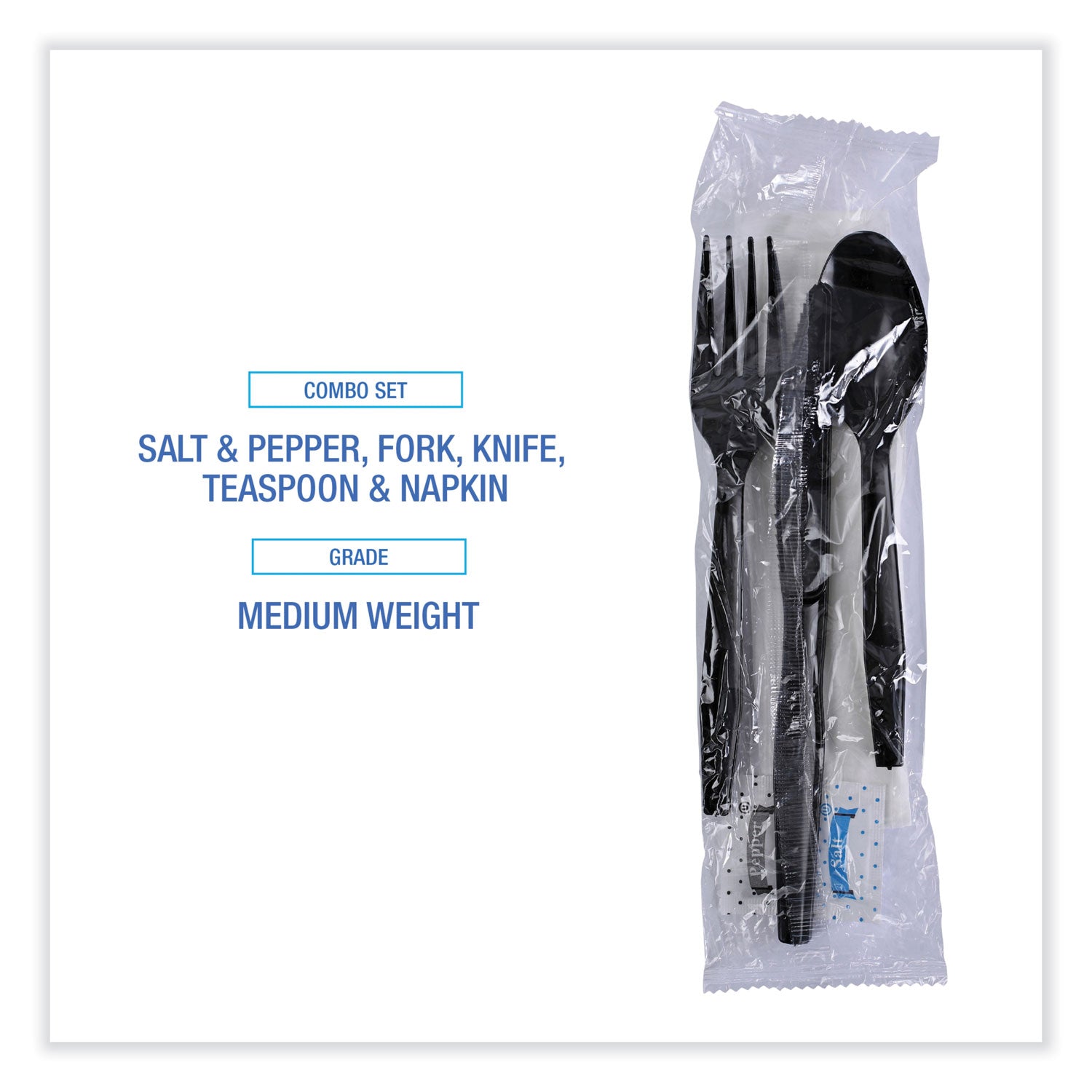 Six-Piece Cutlery Kit, Mediumweight, Fork/Knife/Napkin/Pepper/Salt/Spoon, Plastic, Black, 250/Carton