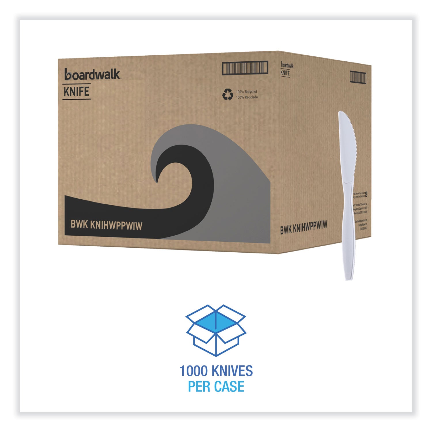 Heavyweight Wrapped Polypropylene Cutlery, Knife, Plastic, White, 1,000/Carton