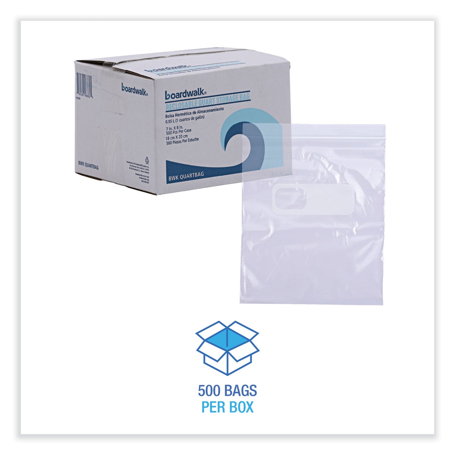 Reclosable Food Storage Bags, Quart, 7" x 8", Clear, 500/Box