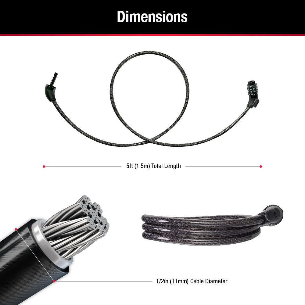 5ft (1.5m) x 1/2in (12mm) Diameter Set Your Own Combination Cable Lock