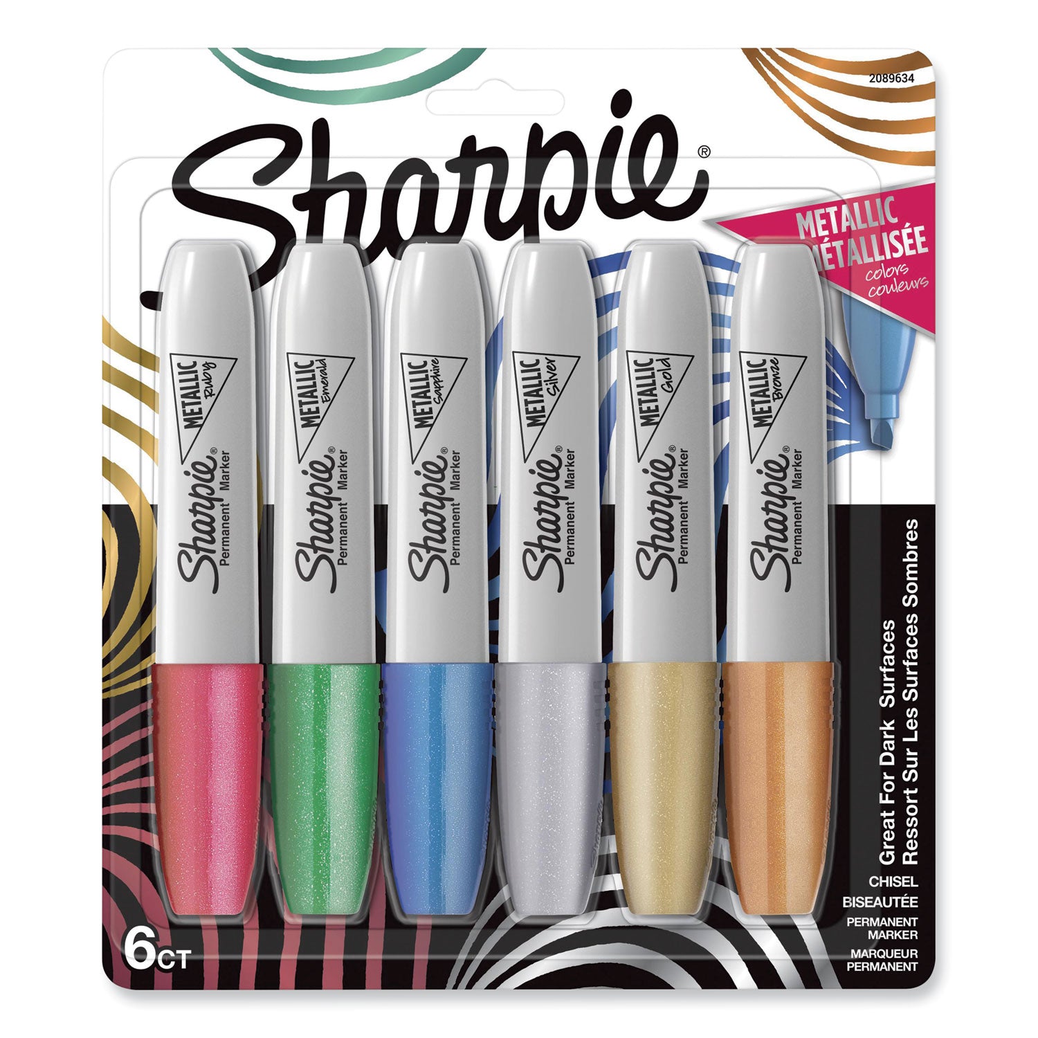 Sharpie Metallic Ink Chisel Tip Permanent Markers - Fine Chisel Marker Point - Gold Metallic, Silver Metallic, Bronze Metallic, Ruby Metallic, Emerald Metallic, Sapphire Metallic Ink - 6 / Pack