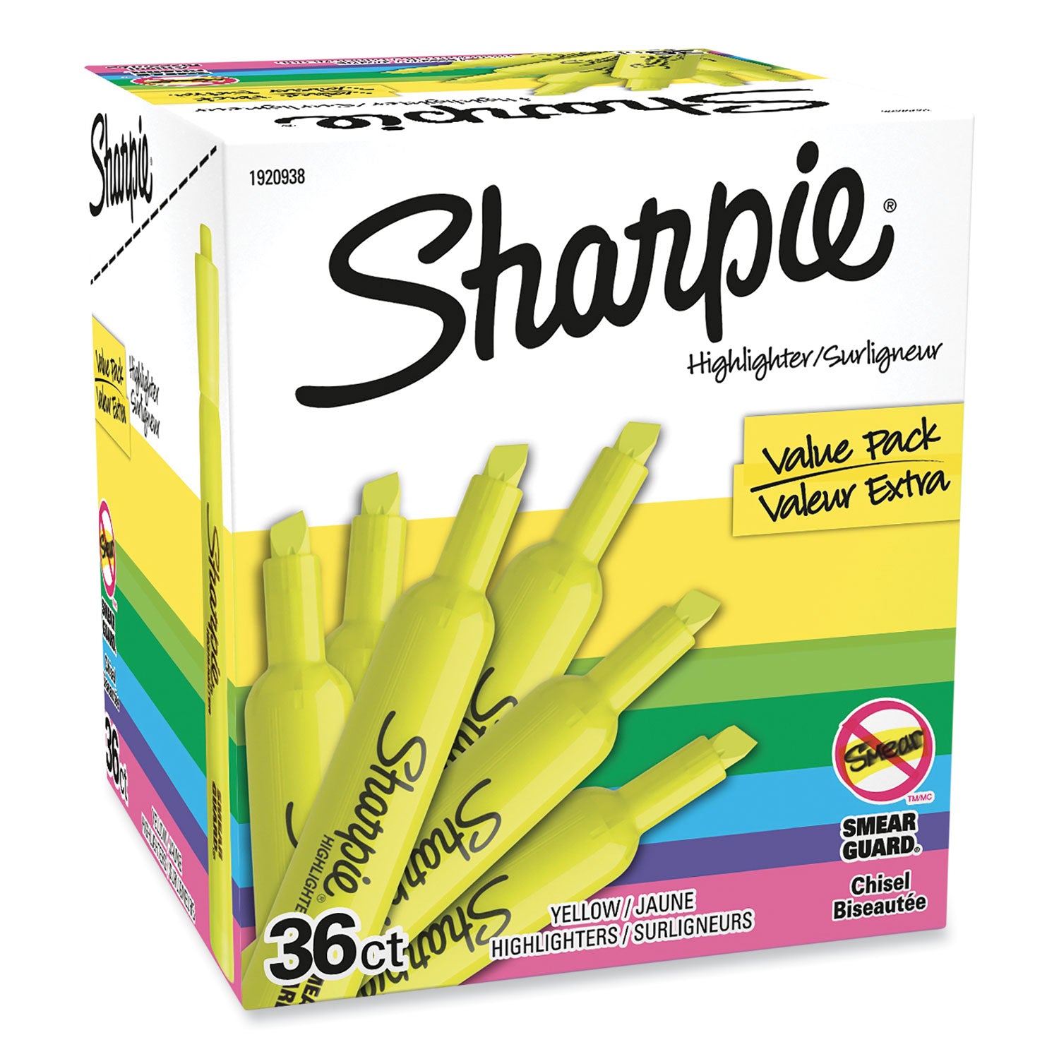 Sharpie SmearGuard Tank Style Highlighters - Narrow Narrow Chisel, Wide Marker Point - Fluorescent Yellow Ink - 36 / Pack