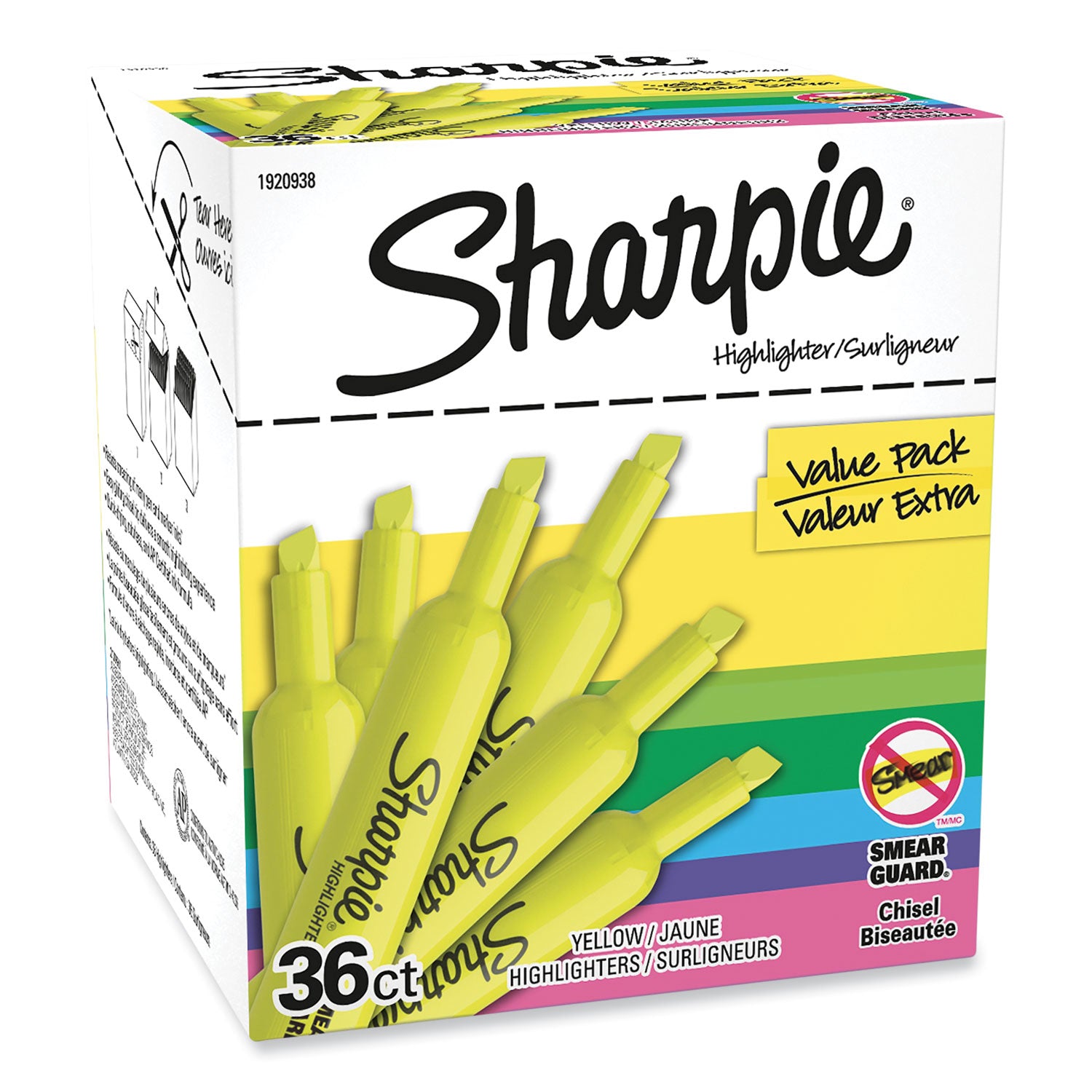 Sharpie SmearGuard Tank Style Highlighters - Narrow Narrow Chisel, Wide Marker Point - Fluorescent Yellow Ink - 36 / Pack