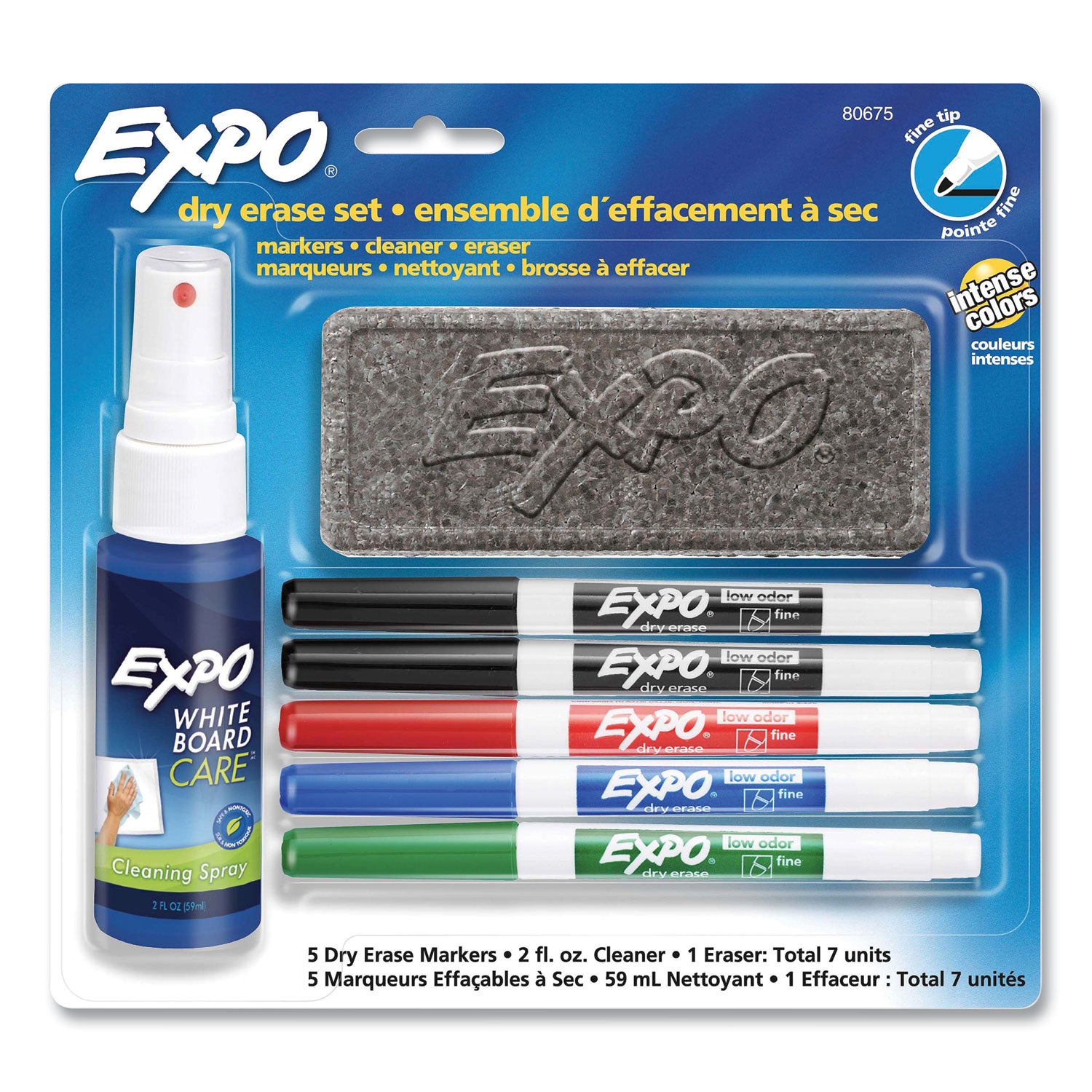 Expo Dry-Erase Marker Kit, 5 Fine Tip Markers (Assorted Colors) with Eraser and Cleaner Spray, 5/Set