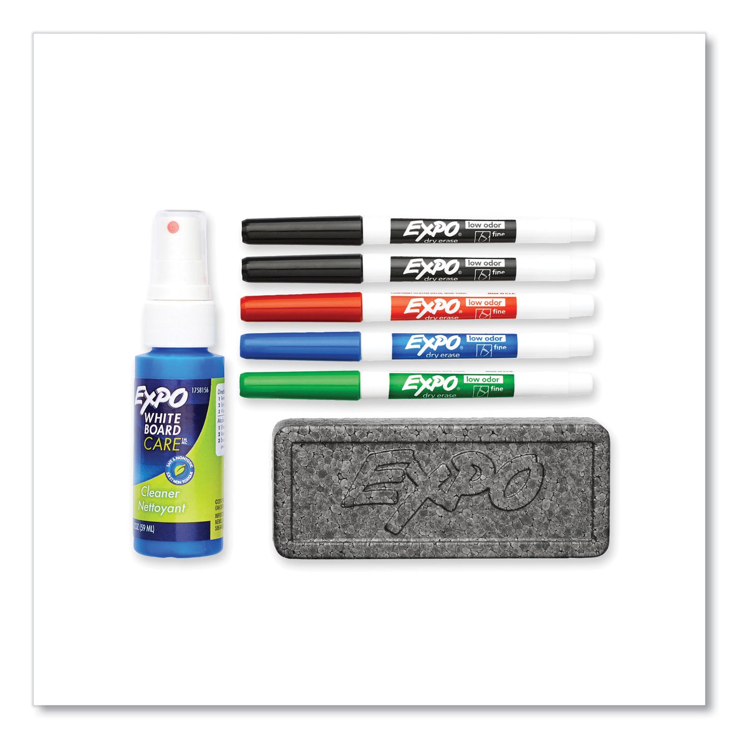Expo Dry-Erase Marker Kit, 5 Fine Tip Markers (Assorted Colors) with Eraser and Cleaner Spray, 5/Set
