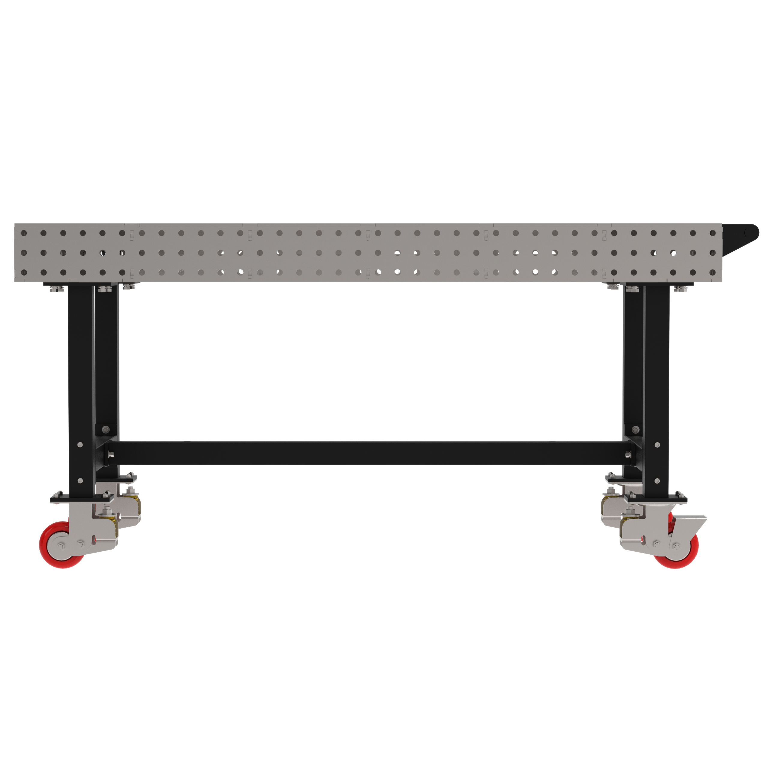 Welding Fixture Table, Fixed Height, 36"H x 72"L x 36"D, 1/4" Carbon Steel Top, Four Black Powdercoat Legs, Handle, 4 Heavy Duty Suspension Casters (2 Locking/Swiveling Casters and 2 Non-Locking/Non-SwivelingCasters)