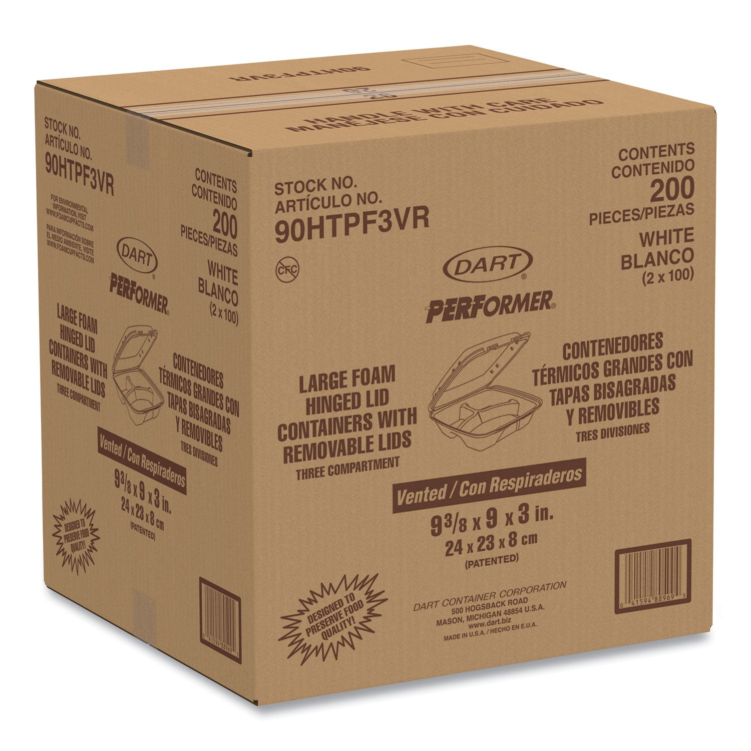 Insulated Foam Hinged Lid Containers, 3 Compartments, 9.01 x 9.4 x 3.1, White, 200/Carton
