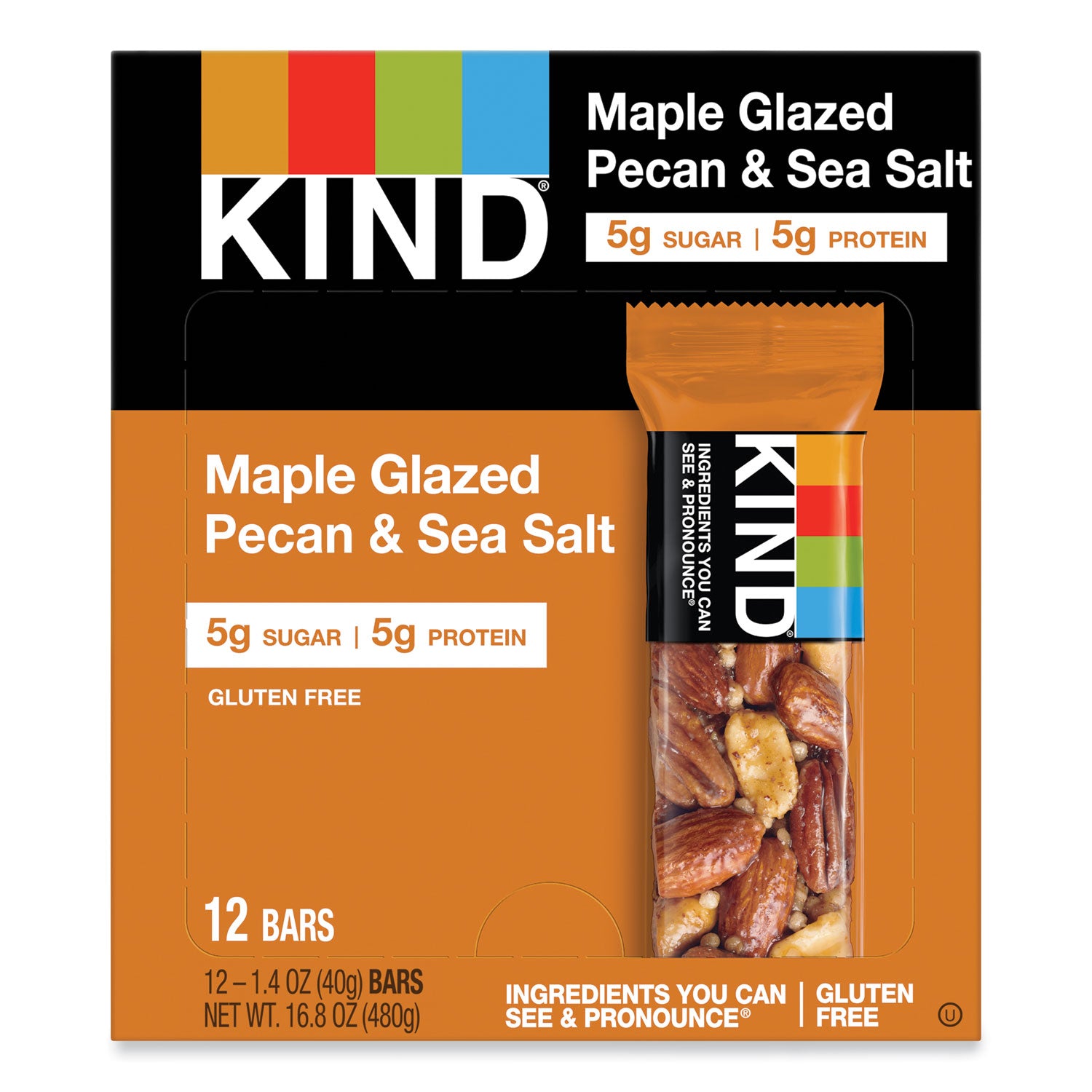 Gluten-free, Cholesterol-free, Non-GMO, Individually Wrapped - Maple Glazed Pecan & Sea Salt - 1.40 oz - 12 / Box