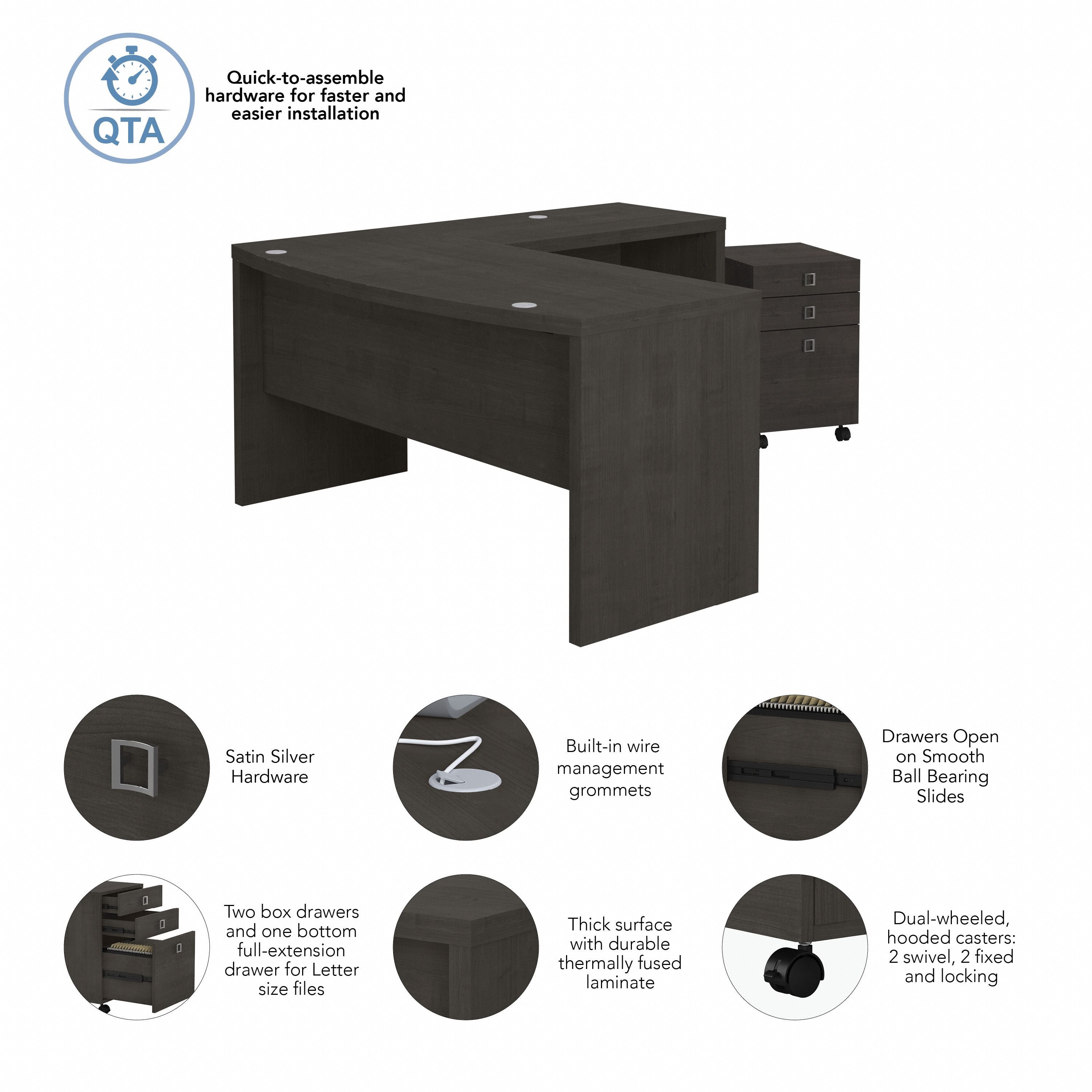 Bush Business Furniture Echo L Shaped Bow Front Desk with Mobile File Cabinet in Charcoal Maple - 60" Width x 64.02" Depth x 30" Height