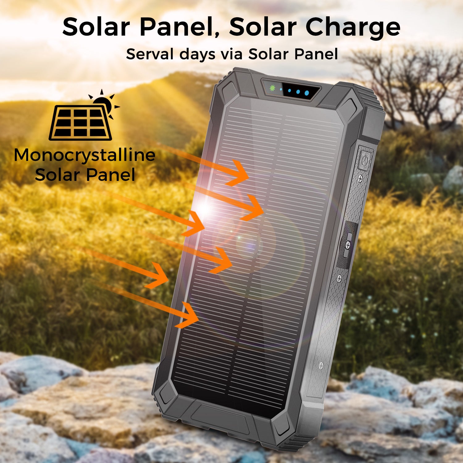 20000mAh Solar Power Bank with Wireless Charging and Built-in Cables, Black