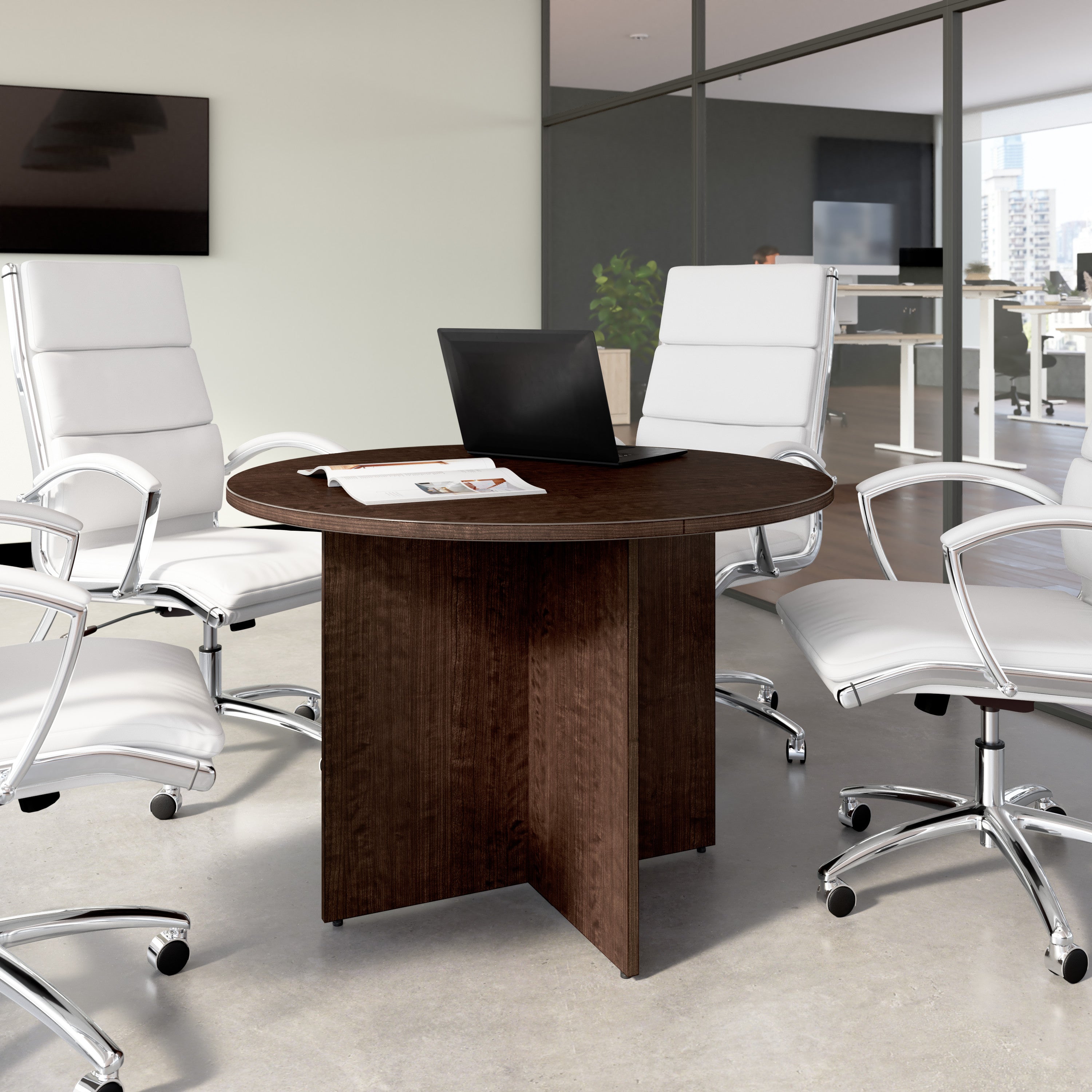 Bush Business Furniture 42-inch Round Conference Table with Wood Base in Mocha Cherry - 41.38" Width x 41.38" Depth x 29.66" Height