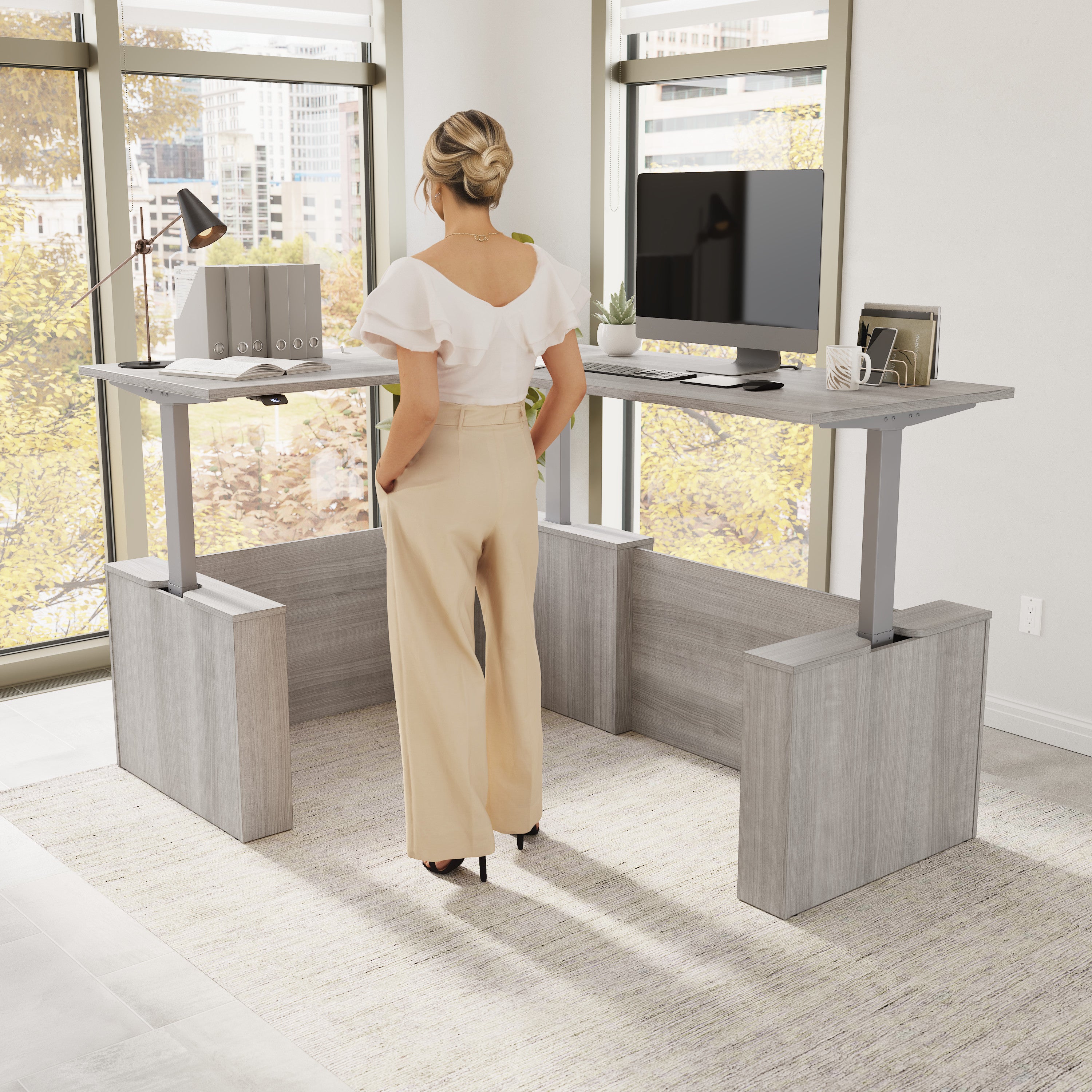 Bush Business Furniture Stratus&nbsp;60W x&nbsp;78D Electric Height Adjustable L Shaped Standing Desk in Platinum Gray with Metallic Gray Base - 59.45" Width x 76.97" Depth x 27.44" Height