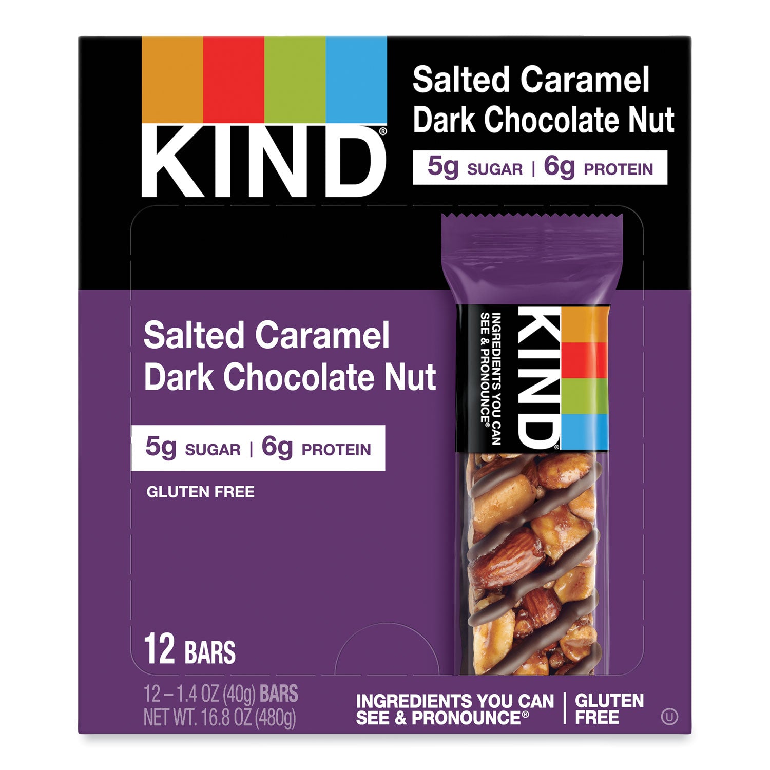 Gluten-free, Trans Fat Free, Sulfur dioxide-free, Low Sodium, No Artificial Flavor, Low Glycemic - Salted Caramel Dark Chocolate Nut - 1.40 oz - 12 / Box