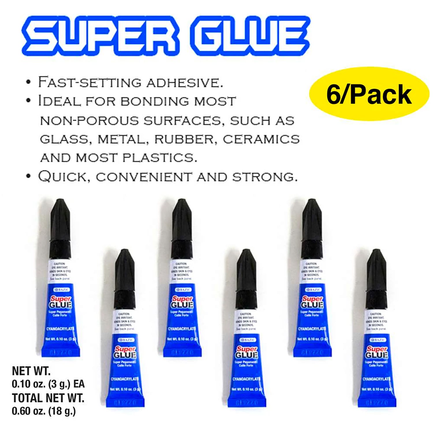 Super Glue, 0.10 oz (3g), Pack of 6