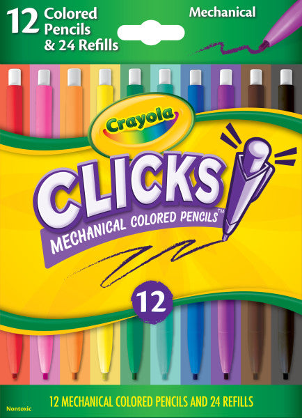 Crayola Clicks 2.0mm Mechanical Colored Pencil Set, 12 Assorted Colors, Coloring Pencils for Kids, No Sharpen, 24 Replacement Cores, Ages 5+