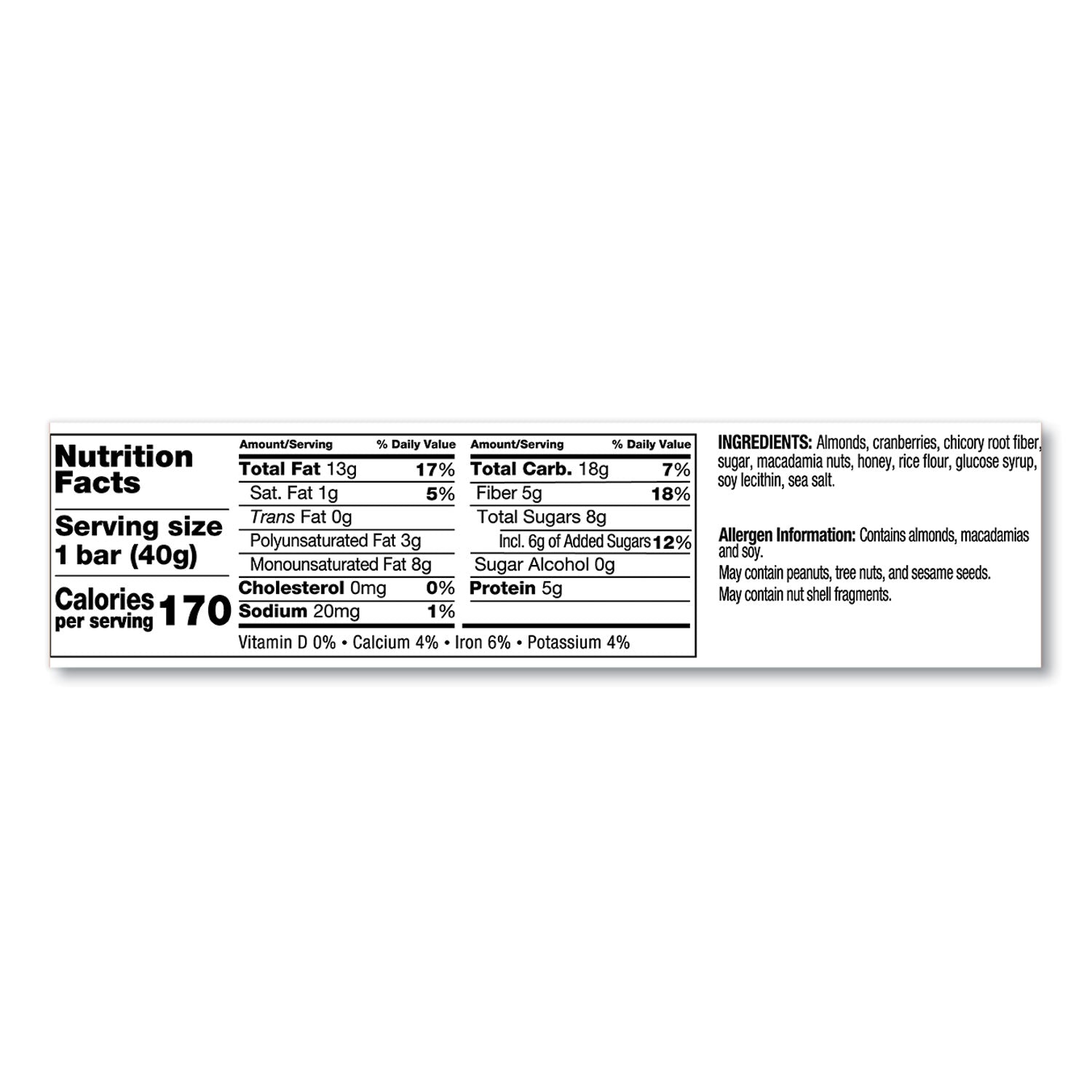 Cholesterol-free, Non-GMO, Individually Wrapped, Gluten-free, Trans Fat Free, Low Glycemic, Low Sodium - Cranberry Almond - 1.40 oz - 12 / Box