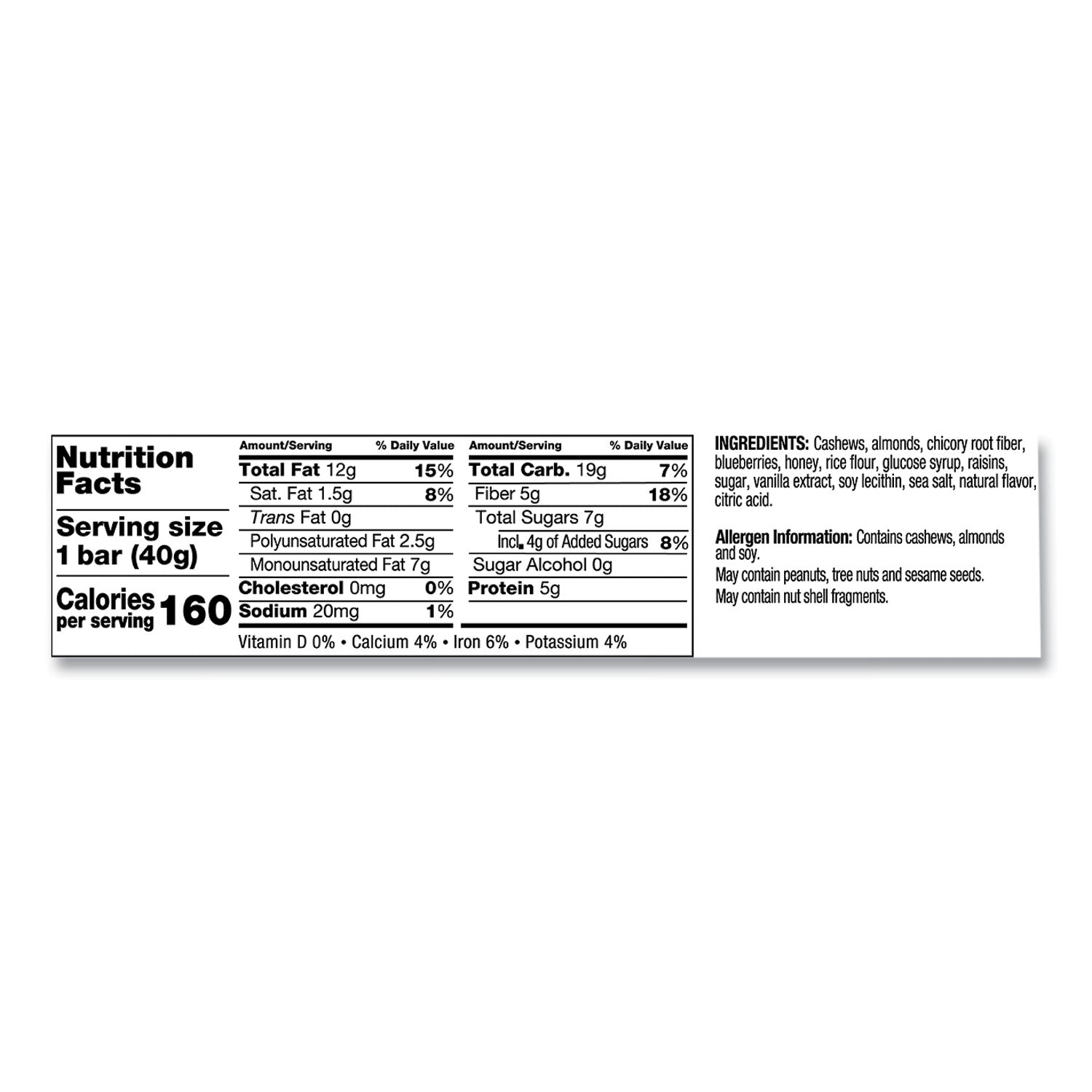 Trans Fat Free, High-fiber, Low Sodium, Dairy-free, Gluten-free, Peanut-free - Blueberry Vanilla Cashew - 1.41 oz - 1 Box