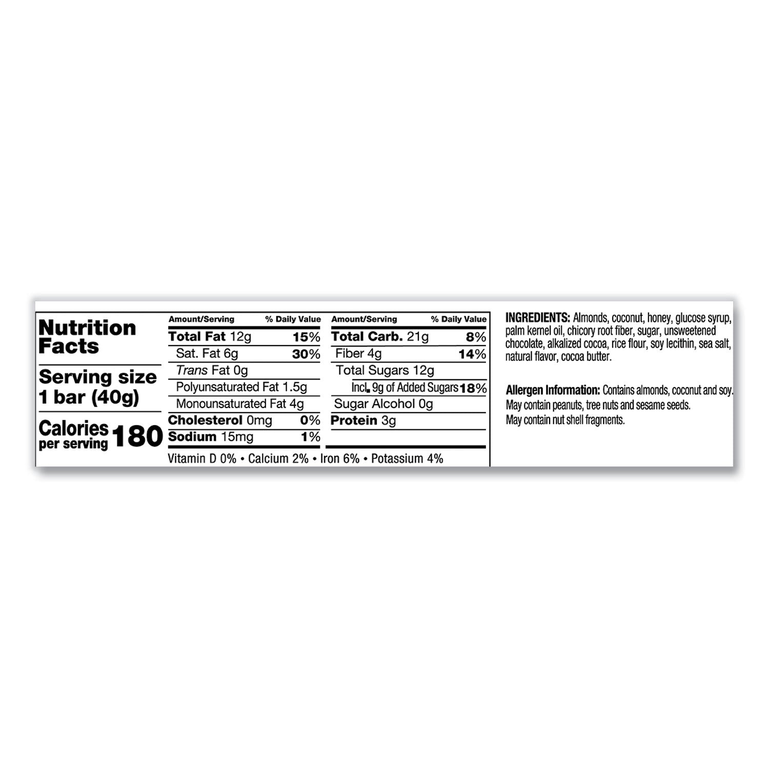 Gluten-free, Non-GMO, Sodium-free, Cholesterol-free, Fat-free, Individually Wrapped - Dark Chocolate Almond Coconut - 1.40 oz Box - 12 / Box