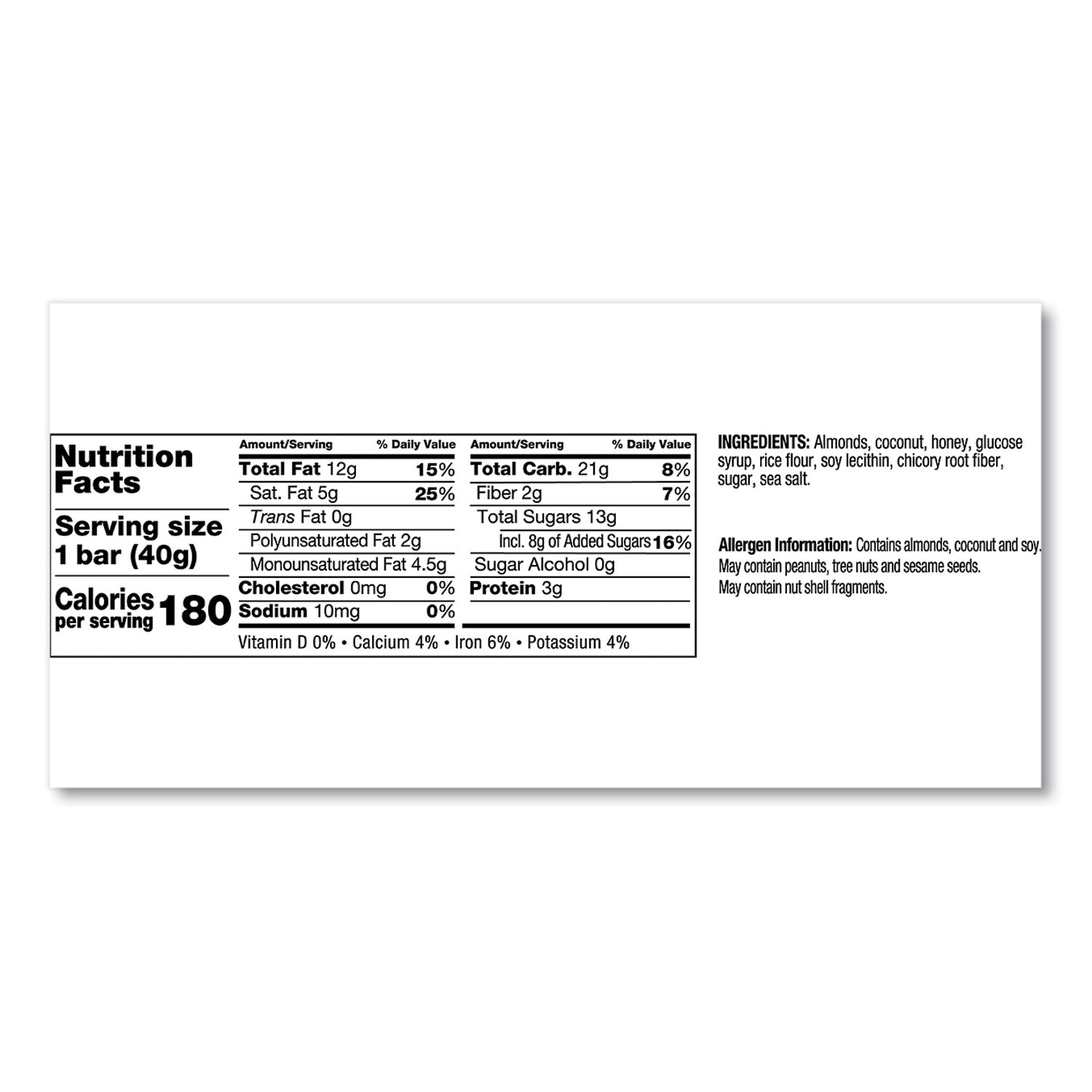 Gluten-free, Wheat-free, Dairy-free, Non-GMO, Sulfur dioxide-free - Almond & Coconut - 1.40 oz - 12 / Box