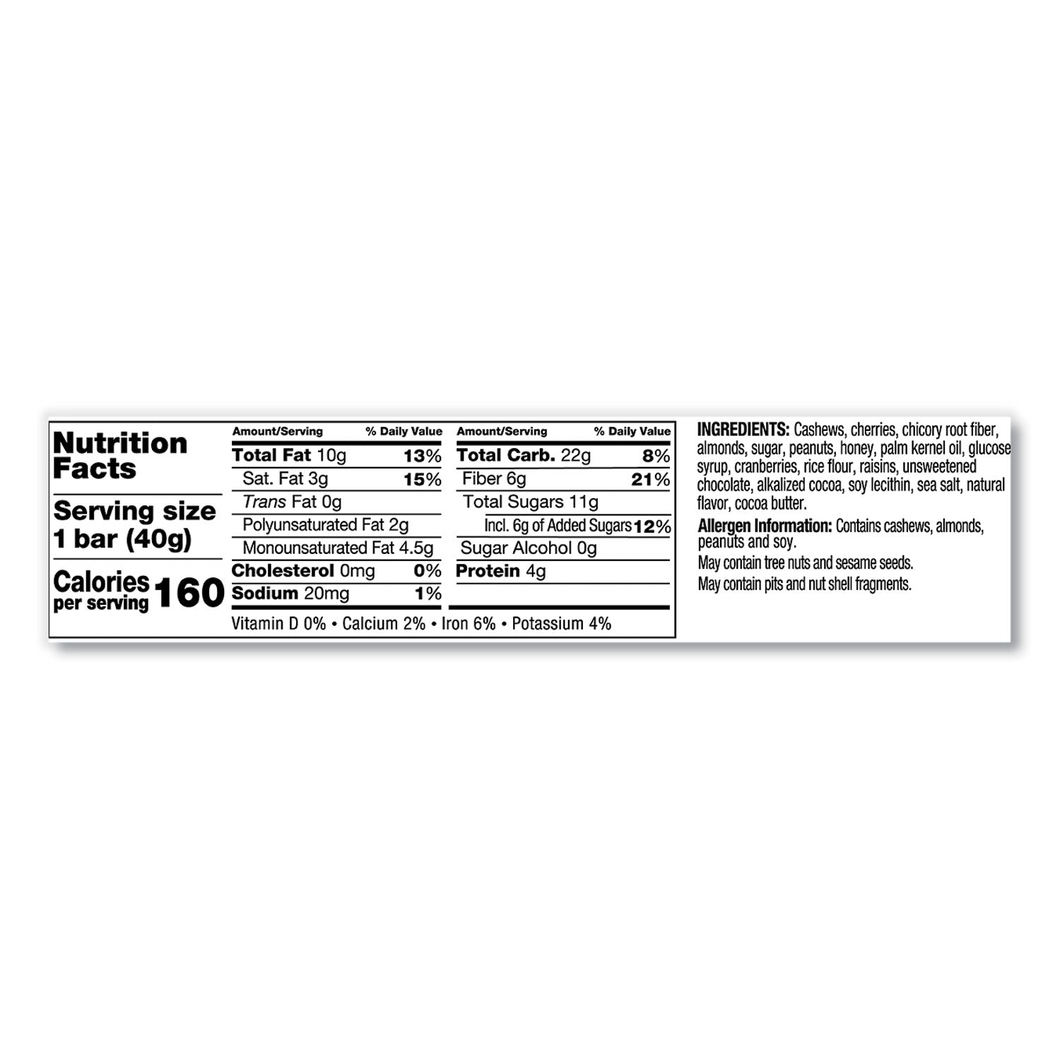 Cholesterol-free, Non-GMO, Gluten-free, Individually Wrapped - Dark Chocolate Cherry Cashew - 1.40 oz - 12 / Box