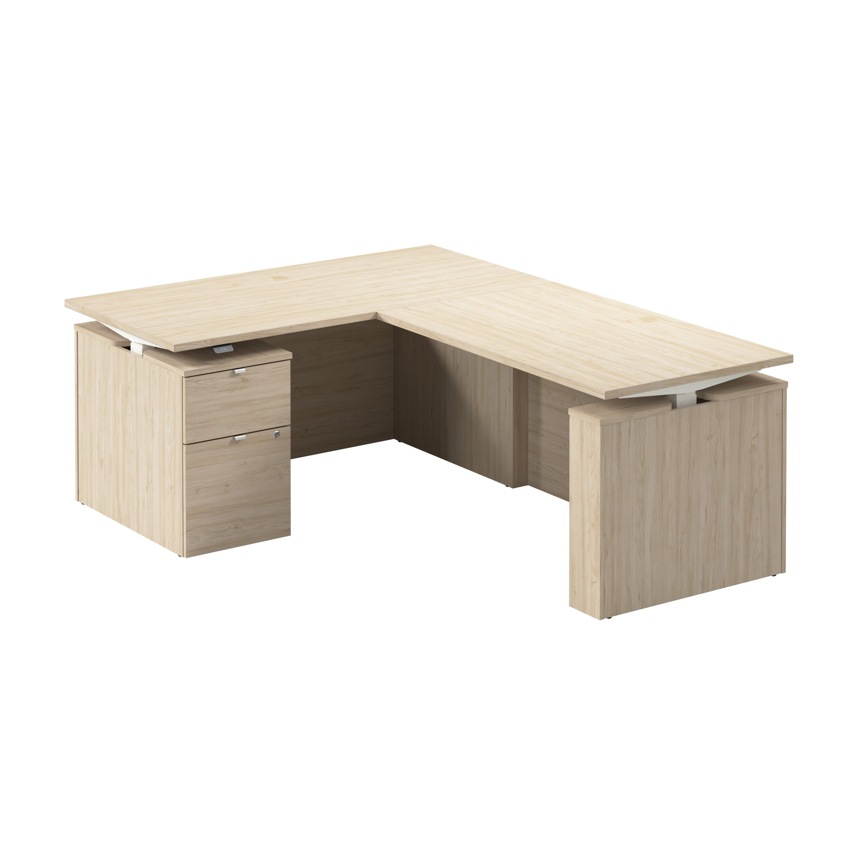 Bush Business Furniture Stratus&nbsp;60W x&nbsp;78D Height Adjustable L Shaped Standing Desk with File Cabinet in Natural Elm with White Base - 59.45" Width x 76.97" Depth x 27.44" Height