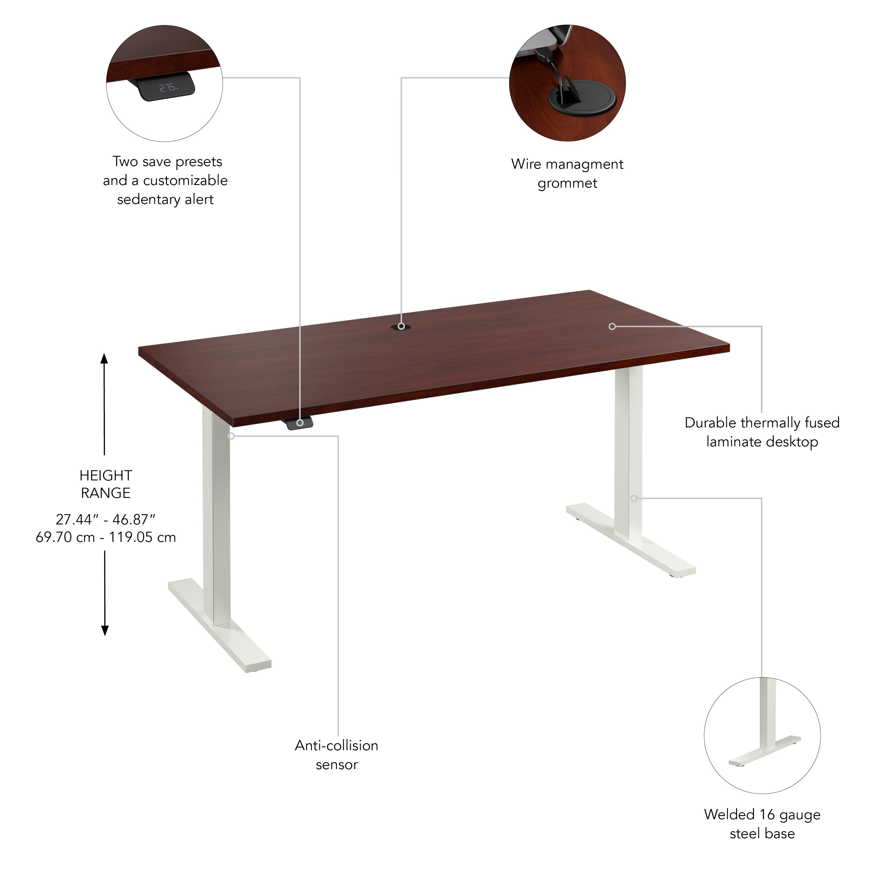 Bush Business Furniture Move 60 Series 60W x 30D Electric Height Adjustable Standing Desk in Hansen Cherry with White Base - 59.45" Width x 29.37" Depth x 27.44" Height
