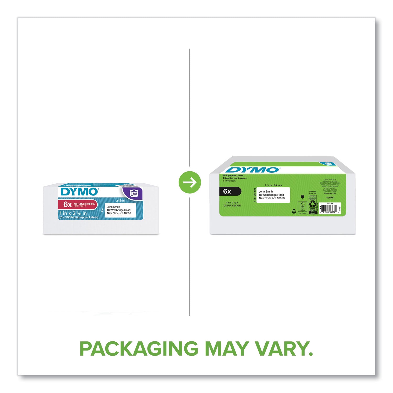 Dymo LabelWriter Labels - 1" Height x 2 1/8" Width - Roll - Rectangle - White - 500 / Roll - 6 / Pack