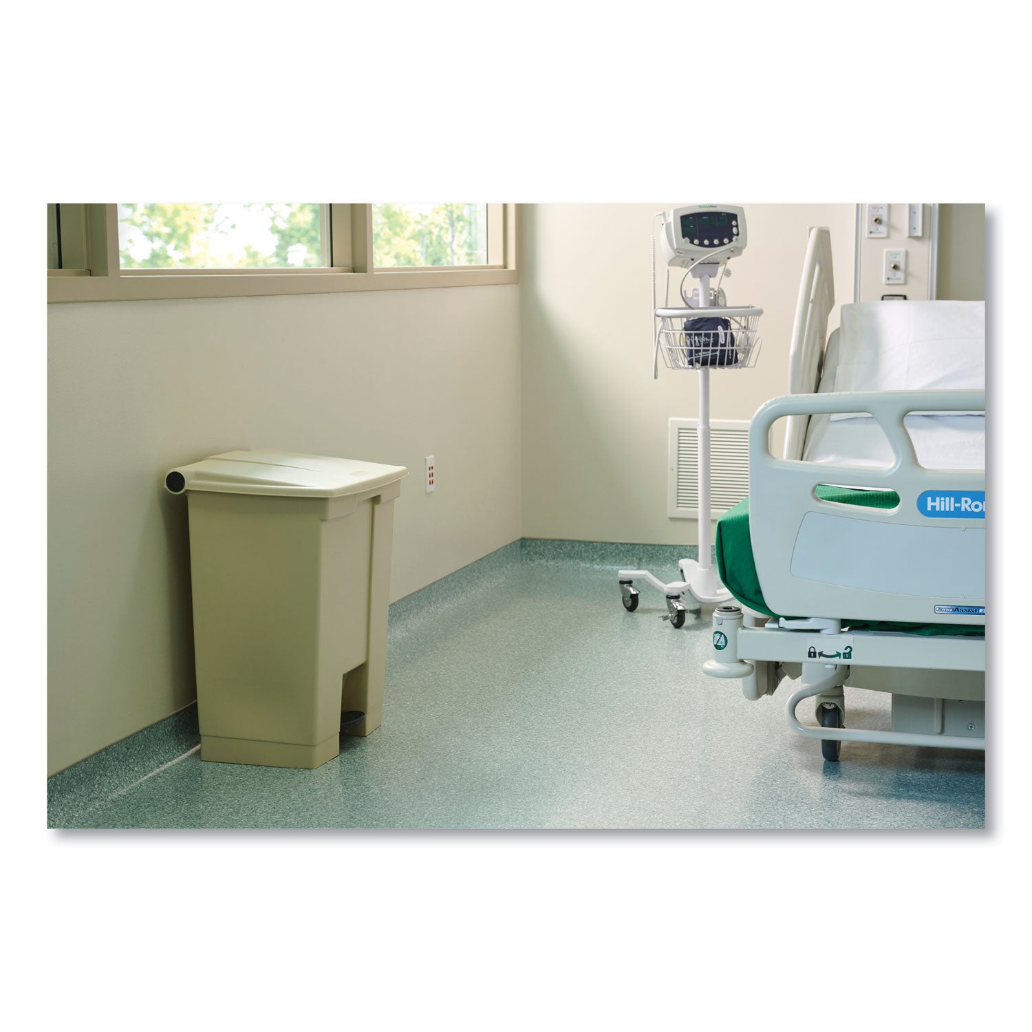Rubbermaid Commercial Mobile Step-On Container, 18 Gallon, Rectangular, Fire-Safe, Puncture Resistant, Heavy Duty, Pedal Control, Plastic, Beige, 1 Each
