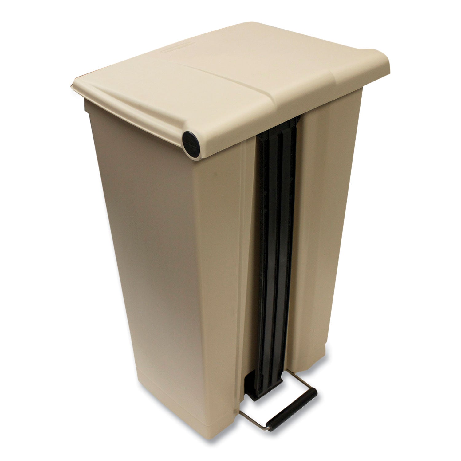 Rubbermaid Commercial Mobile Step-On Container, 23 Gallon, Rectangular, Step-On Opening, Overlapping Lid, Fire-Safe, Leak Proof, Heavy Duty, Pedal Control, Wheels, Beige, Resin/Stainless Steel, 1 Each