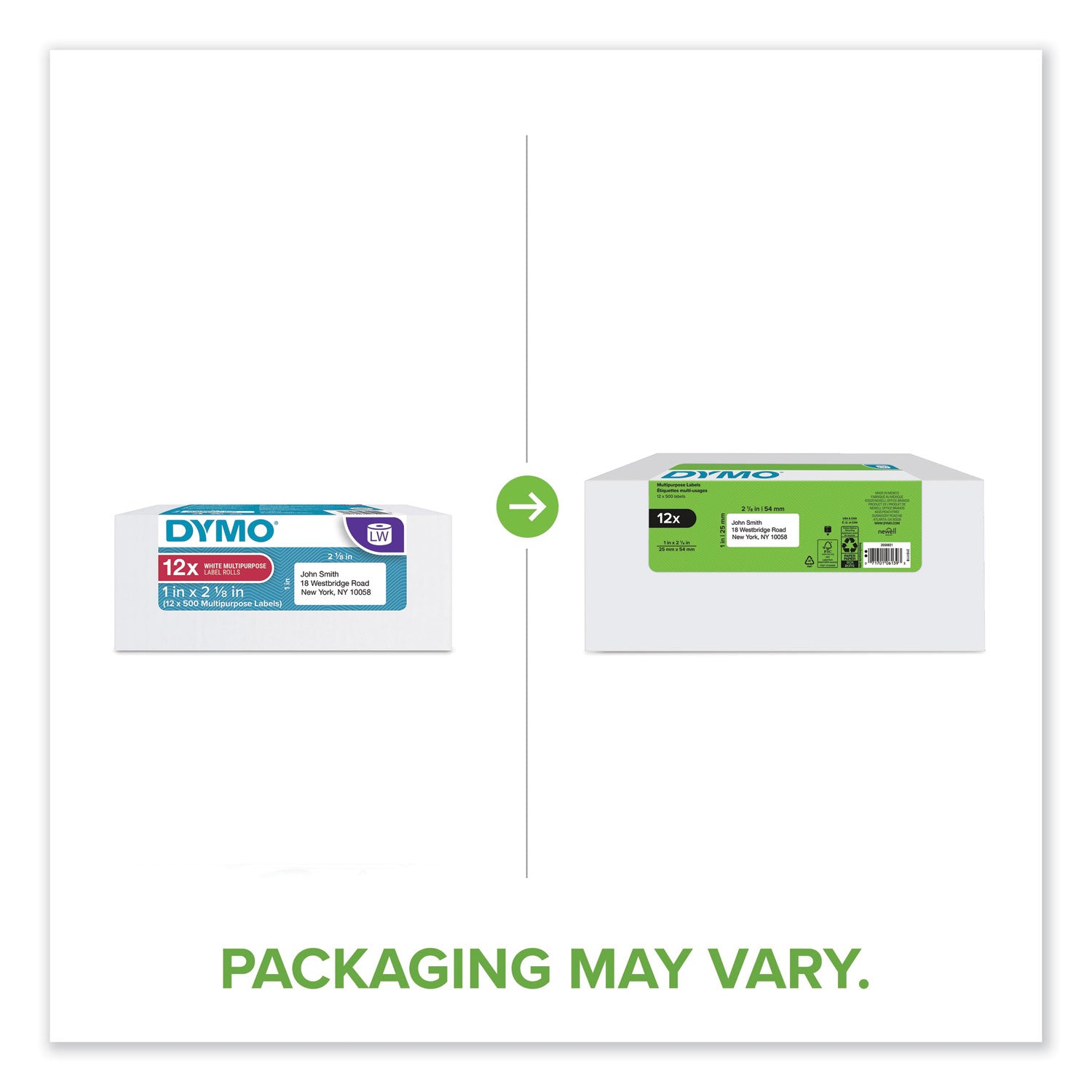 Dymo LabelWriter Labels - 1" Height x 2 1/8" Width - Roll - Rectangle - Direct Thermal - White - Durable, Adhesive, Strong - 500 / Roll - 12 / Pack