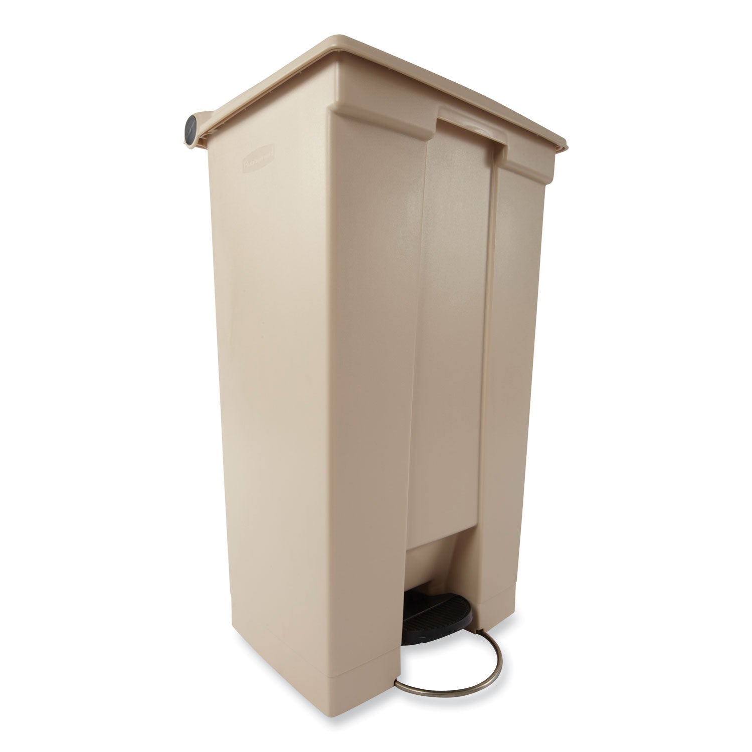 Rubbermaid Commercial Mobile Step-On Container, 23 Gallon, Rectangular, Step-On Opening, Overlapping Lid, Fire-Safe, Leak Proof, Heavy Duty, Pedal Control, Wheels, Beige, Resin/Stainless Steel, 1 Each